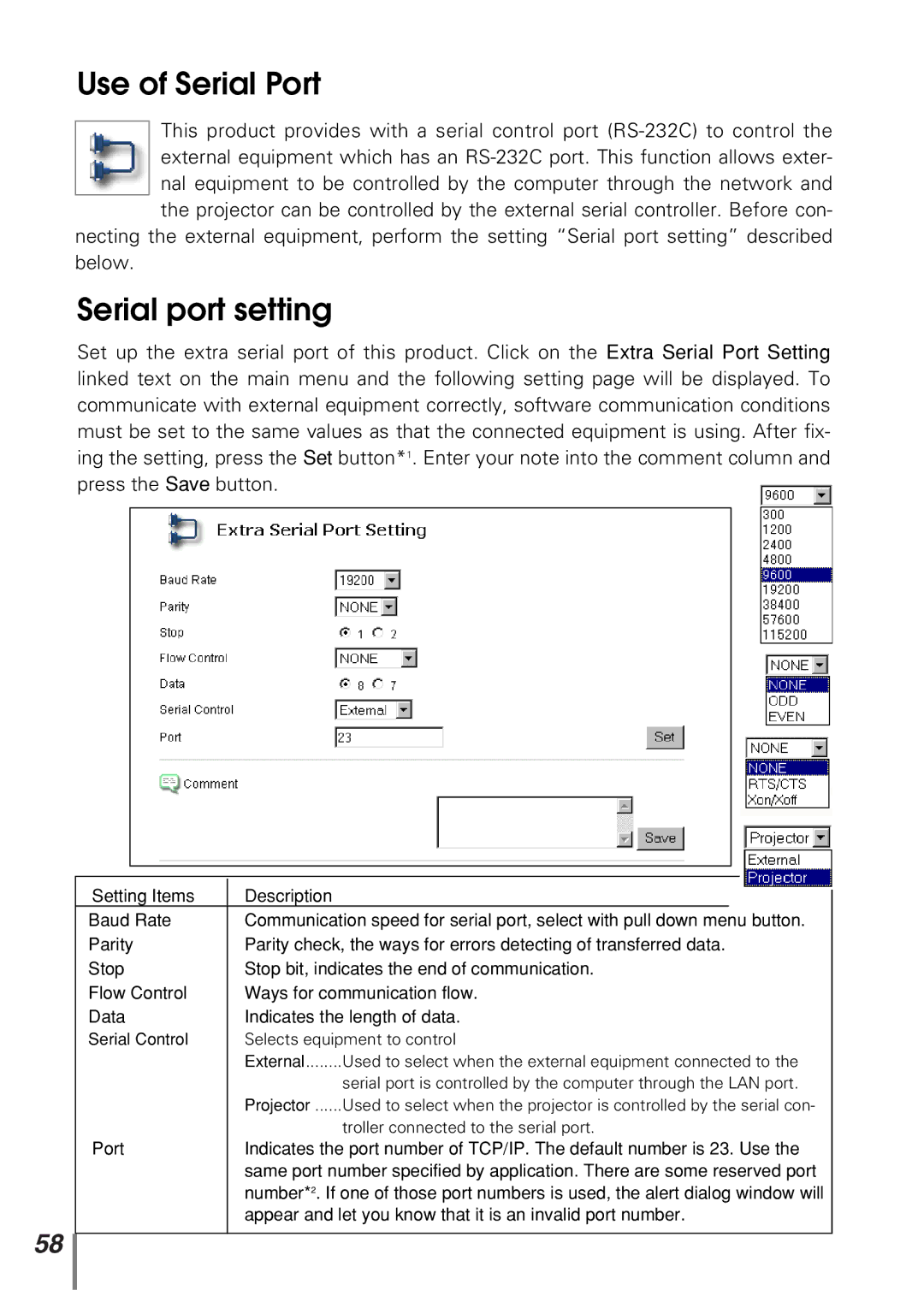 Sanyo POA-PN10 owner manual Use of Serial Port, Serial port setting 