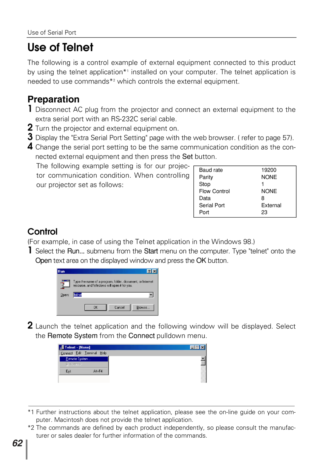 Sanyo POA-PN10 owner manual Use of Telnet, Control 