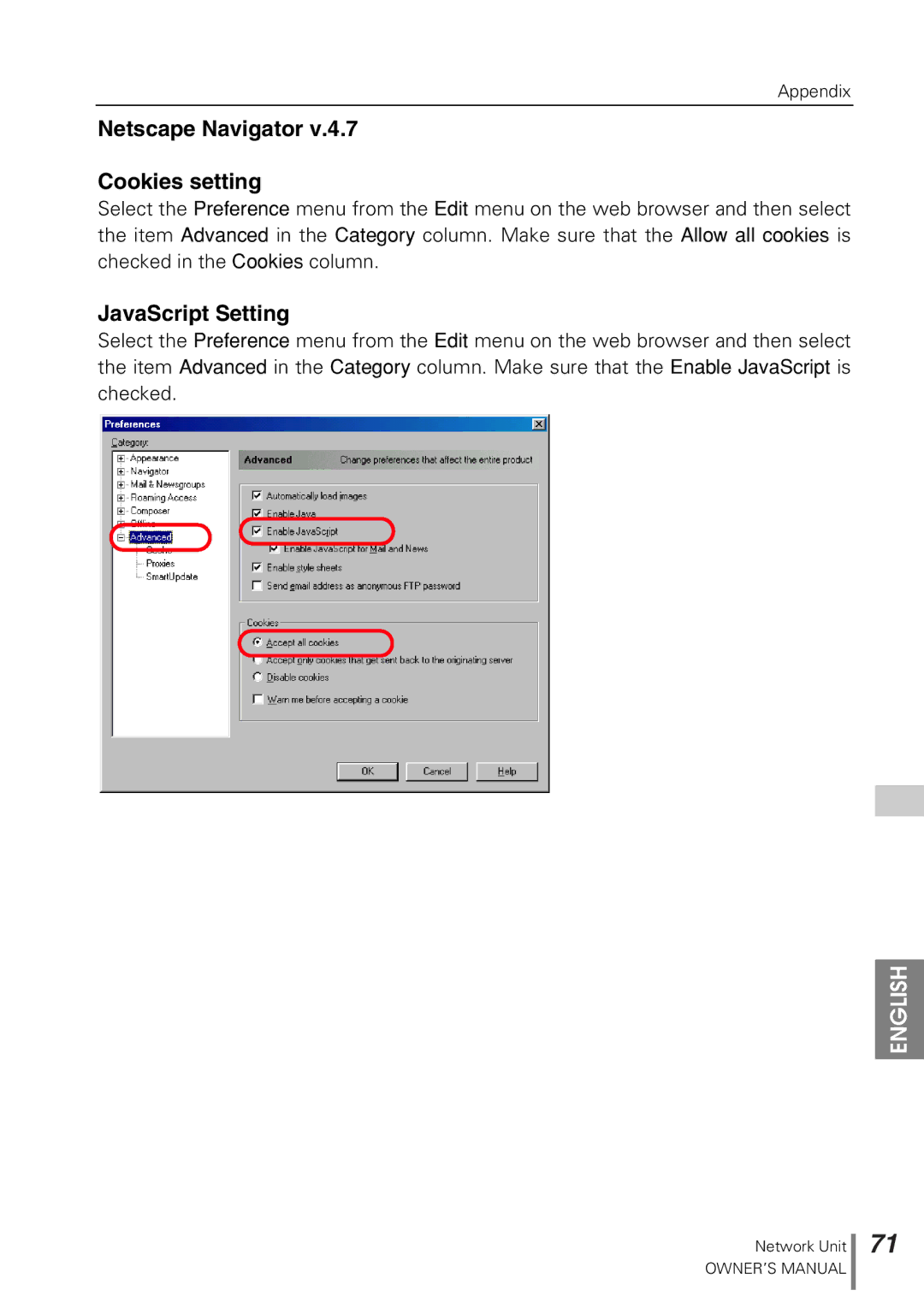 Sanyo POA-PN10 owner manual Netscape Navigator Cookies setting, JavaScript Setting 