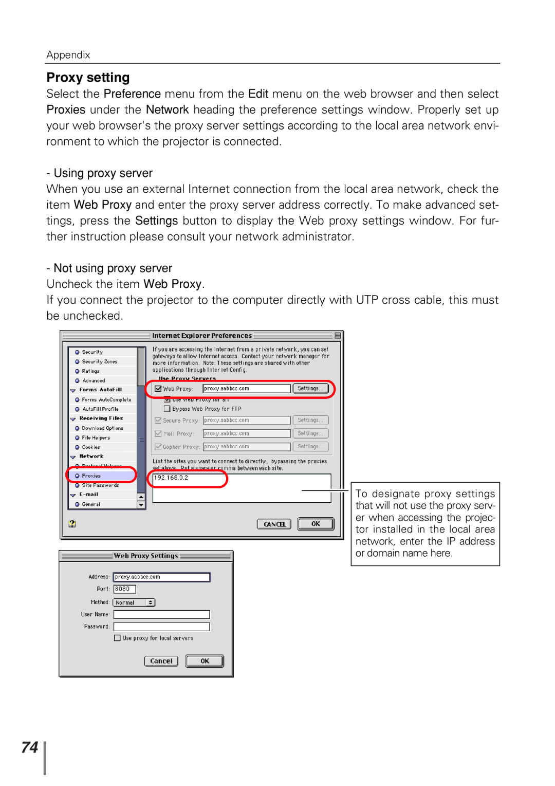 Sanyo POA-PN10 owner manual Proxy setting 