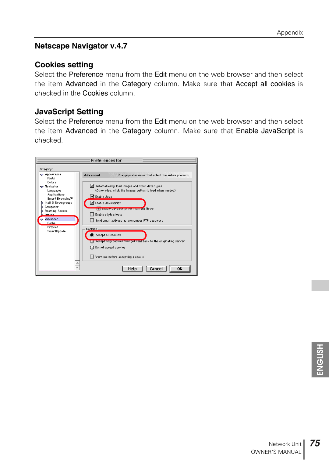 Sanyo POA-PN10 owner manual Netscape Navigator Cookies setting 