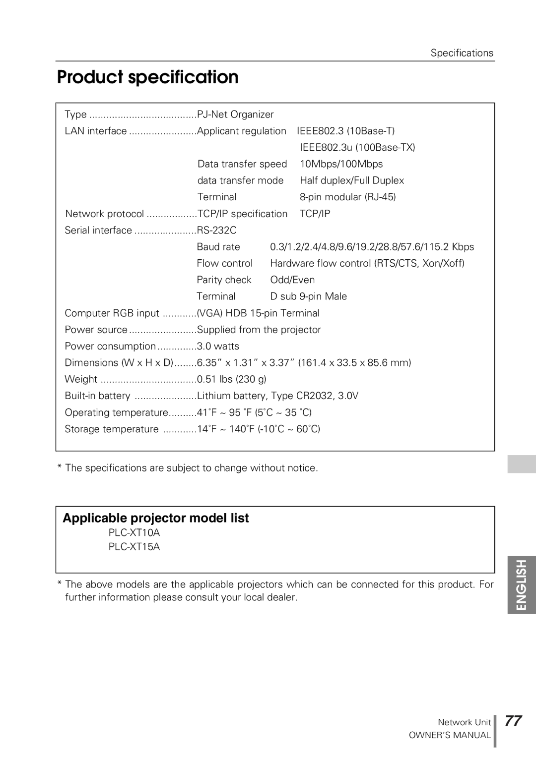 Sanyo POA-PN10 owner manual Product specification, Applicable projector model list 