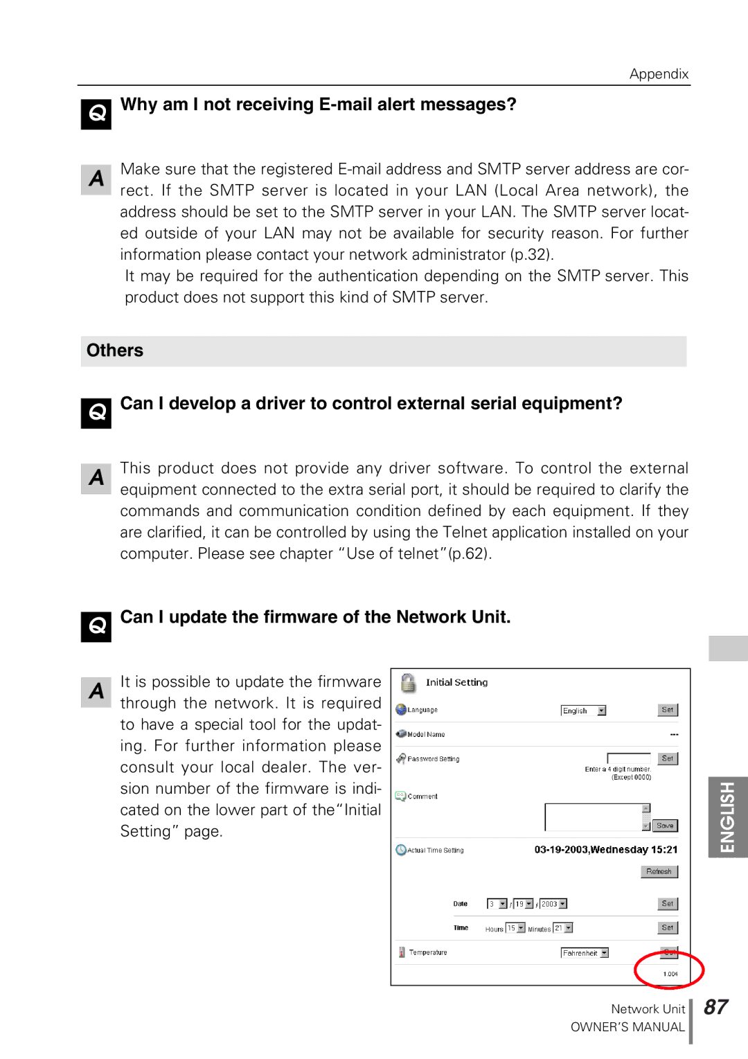 Sanyo POA-PN10 owner manual Why am I not receiving E-mail alert messages?, Can I update the firmware of the Network Unit 