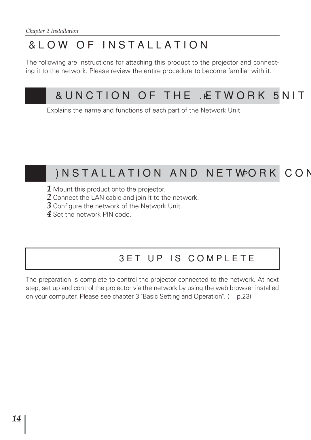 Sanyo POA-PN40 Flow of installation, Function of the Network Unit p.15, Installation and network configuration p.16-22 