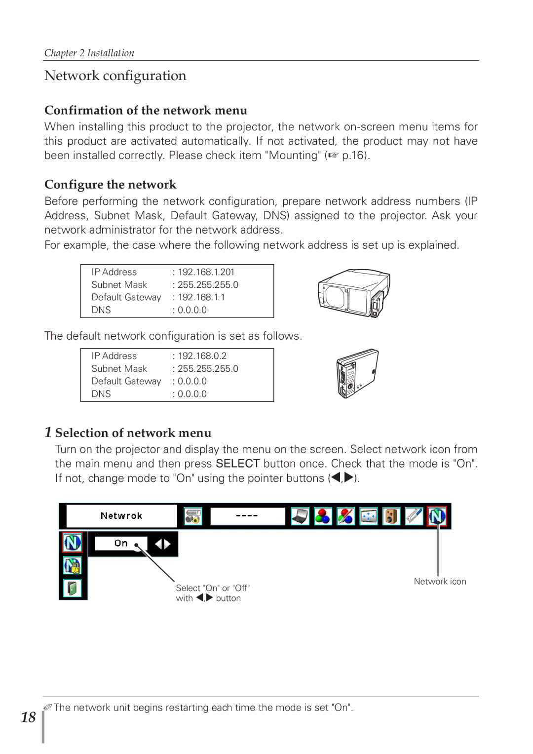 Sanyo POA-PN40 Network configuration, Confirmation of the network menu, Configure the network, Selection of network menu 