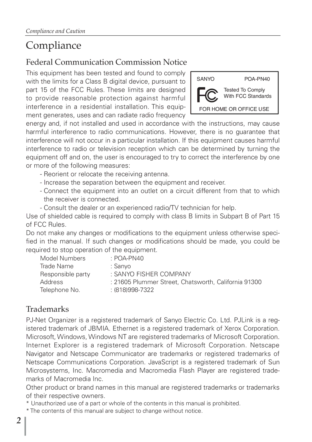 Sanyo POA-PN40 owner manual Compliance, Federal Communication Commission Notice, Trademarks 