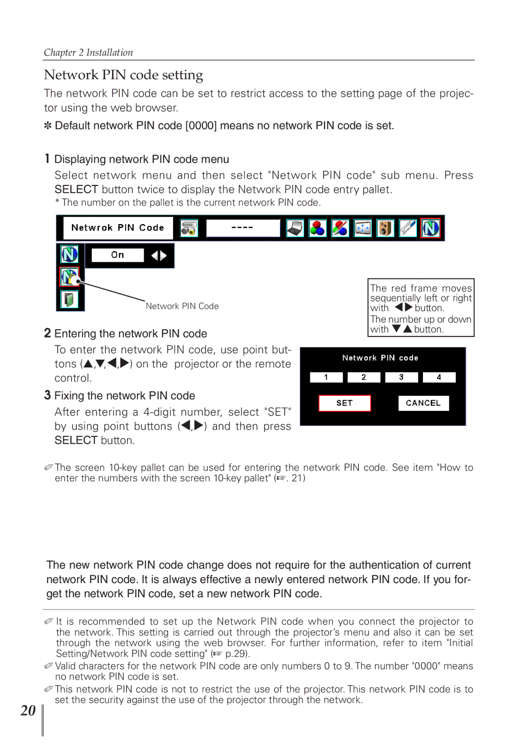 Sanyo POA-PN40 owner manual Network PIN code setting 