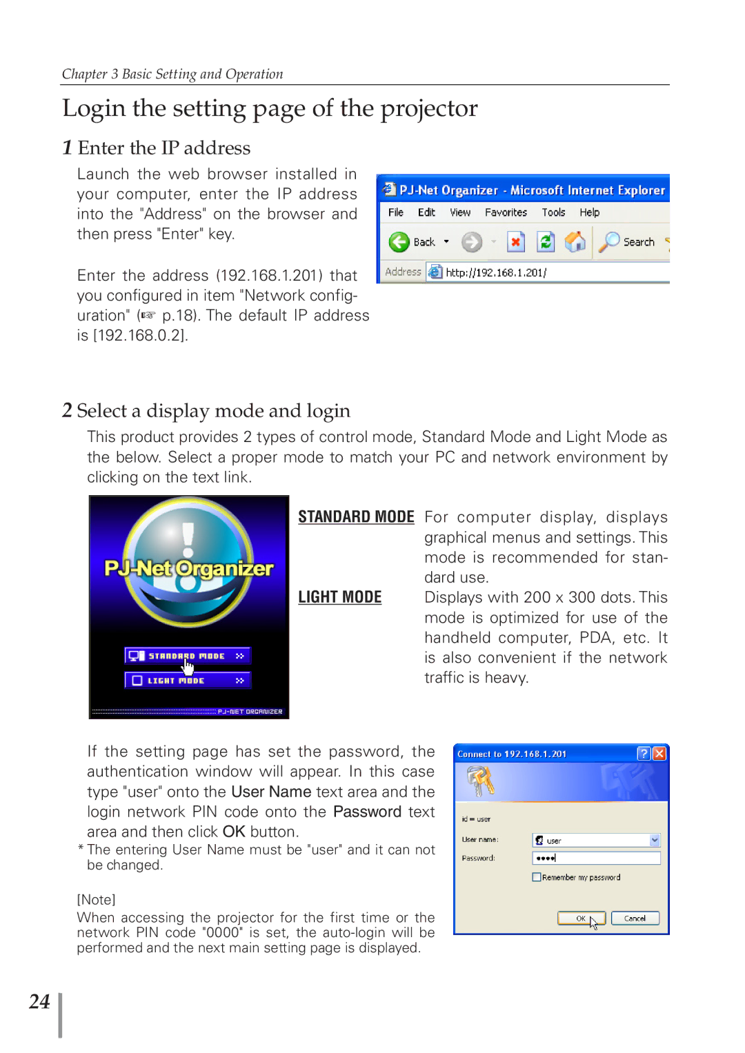 Sanyo POA-PN40 owner manual Login the setting page of the projector, Enter the IP address, Select a display mode and login 