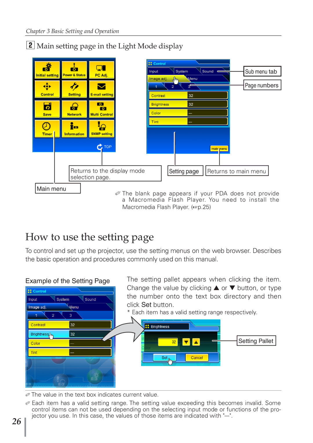 Sanyo POA-PN40 owner manual How to use the setting, Main setting page in the Light Mode display 