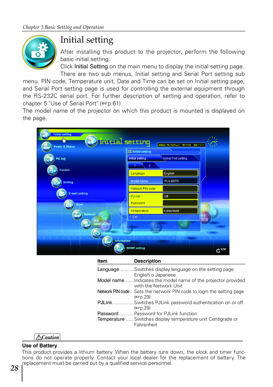 Sanyo POA-PN40 owner manual Initial setting, With the Network Unit 