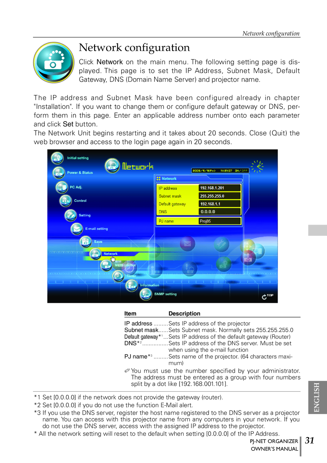 Sanyo POA-PN40 owner manual Network configuration 