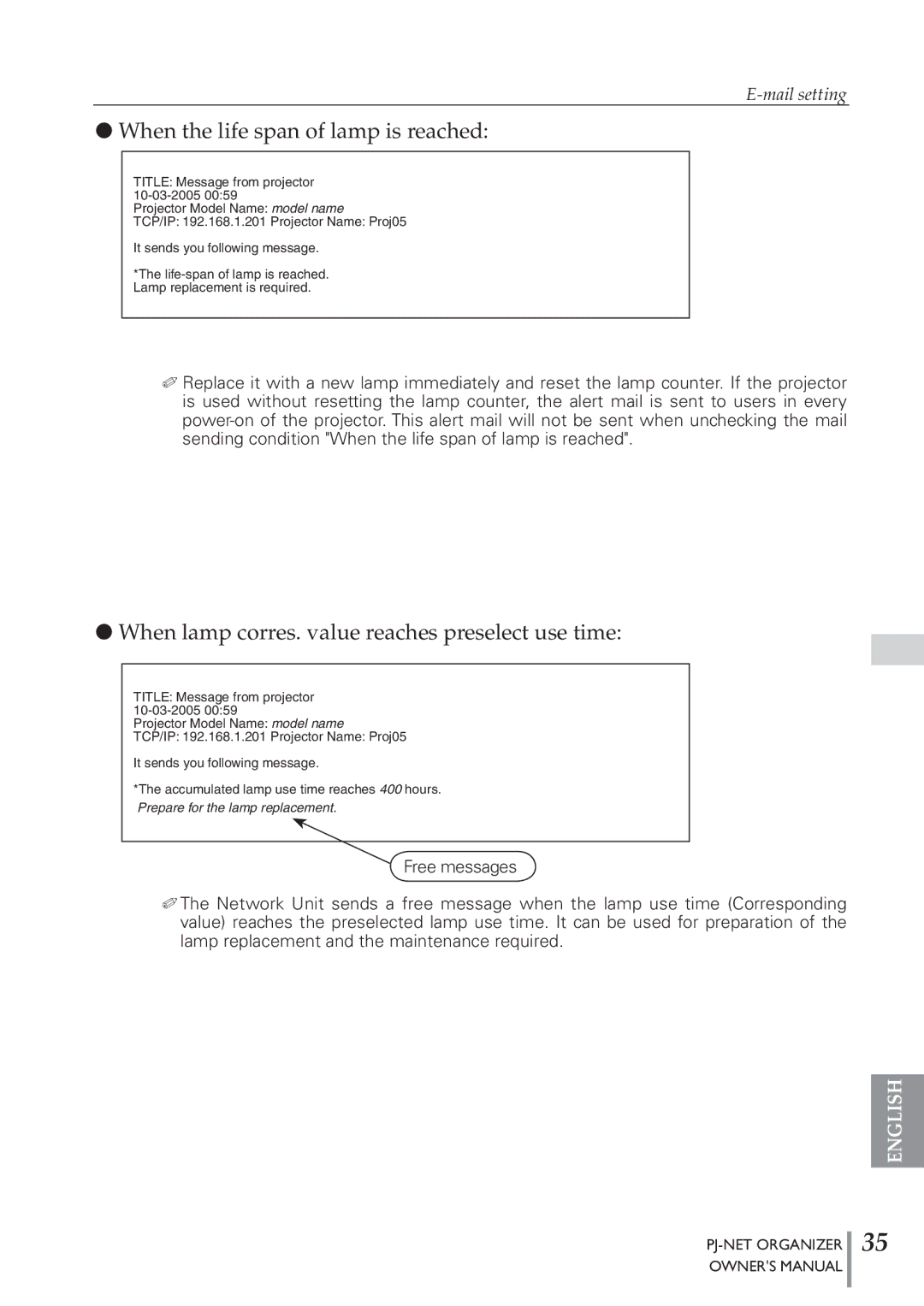 Sanyo POA-PN40 owner manual When the life span of lamp is reached 