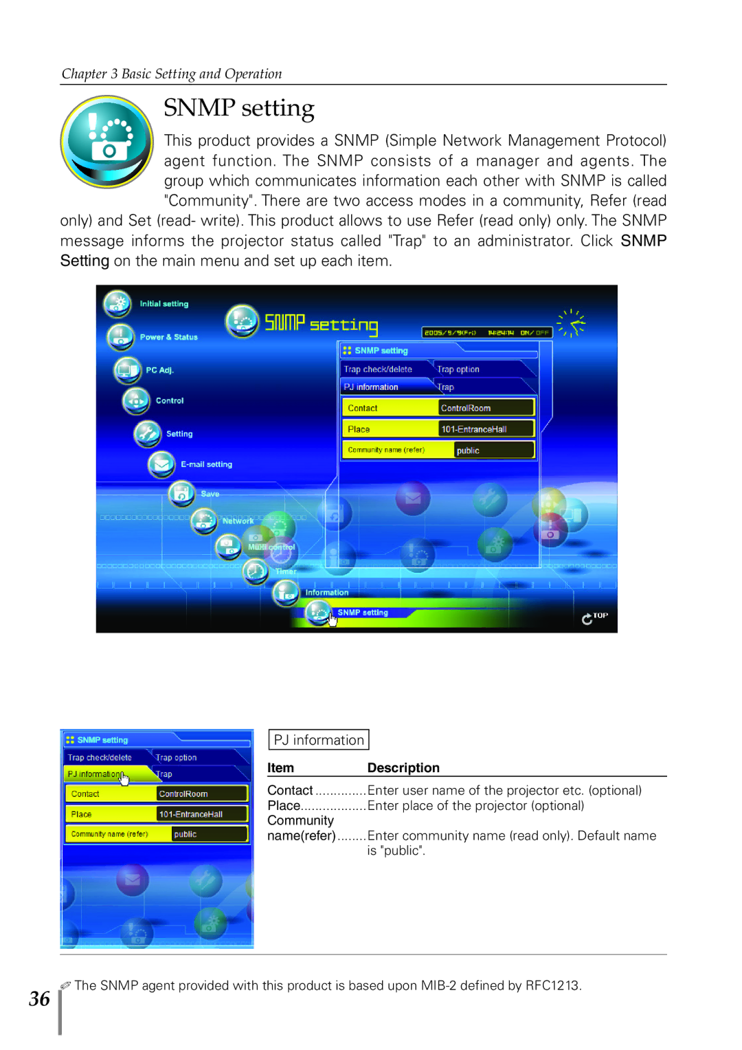 Sanyo POA-PN40 owner manual Snmp setting, PJ information 