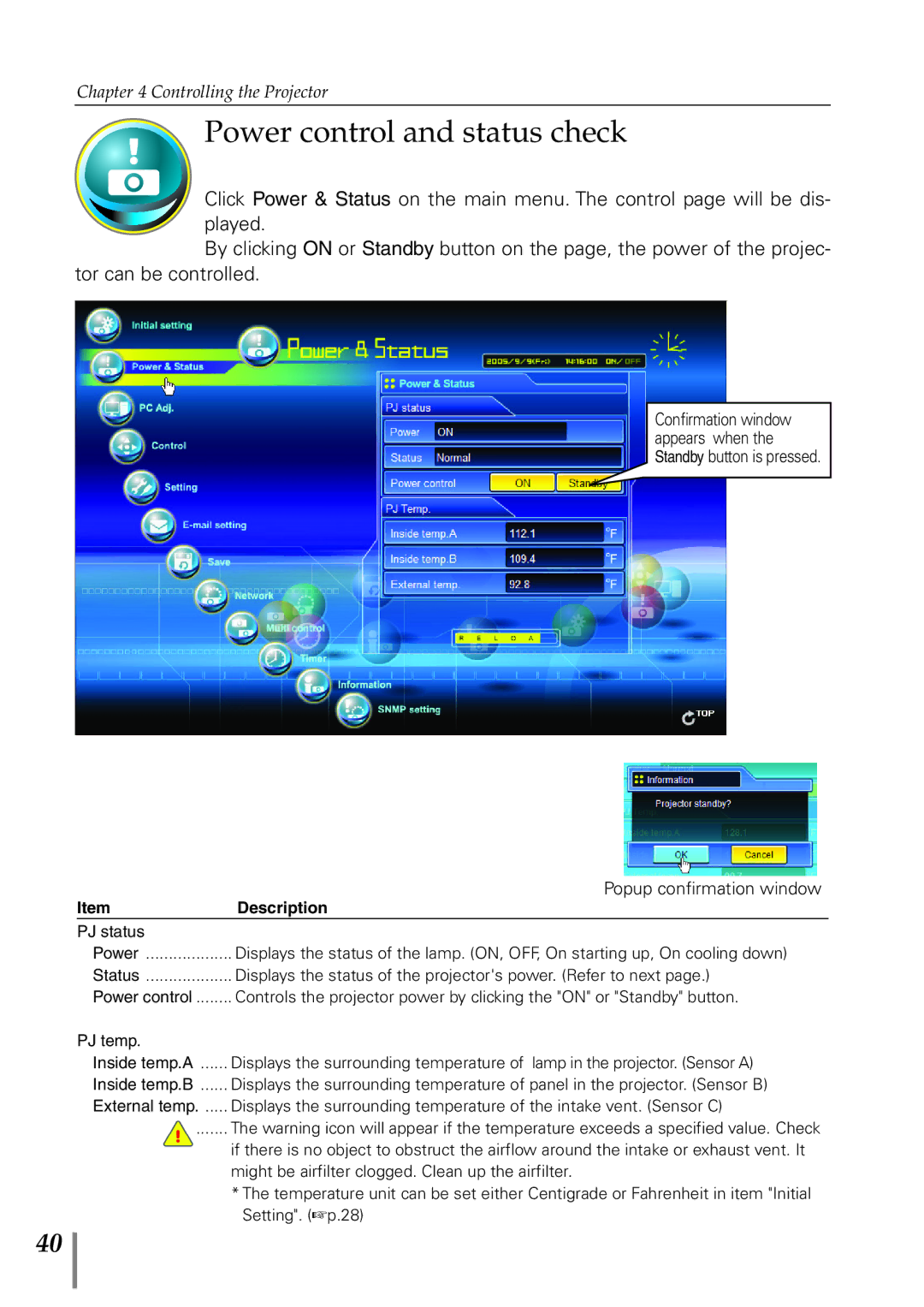 Sanyo POA-PN40 owner manual Power control and status check, Popup confirmation window 