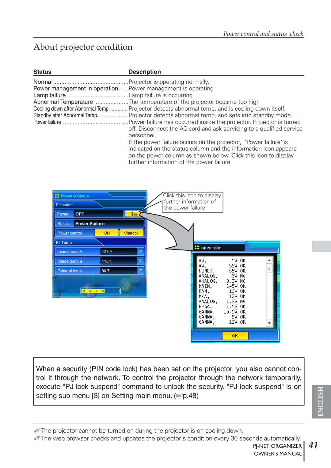 Sanyo POA-PN40 owner manual About projector condition, Status Description 