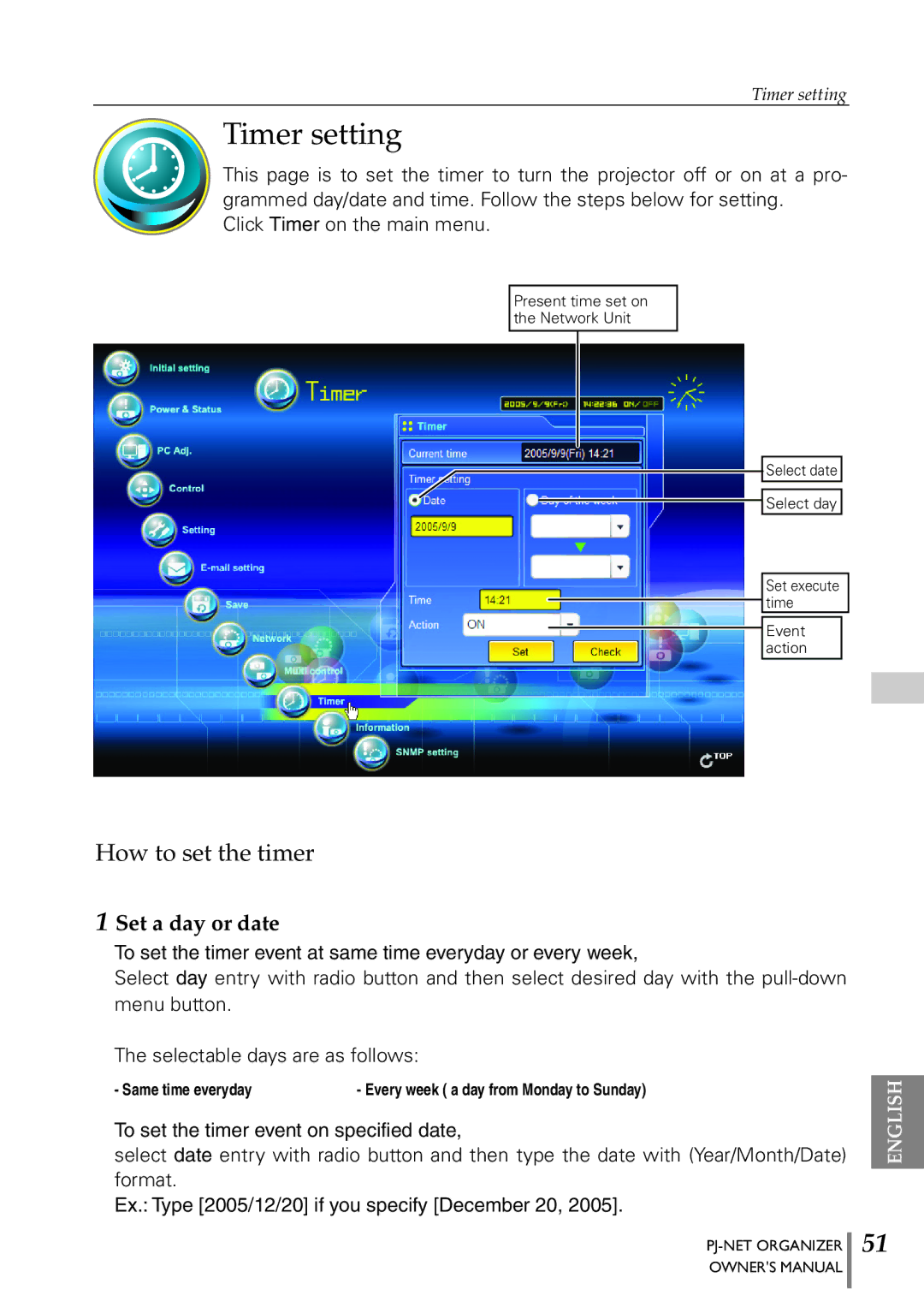 Sanyo POA-PN40 owner manual Timer setting, How to set the timer, Set a day or date 