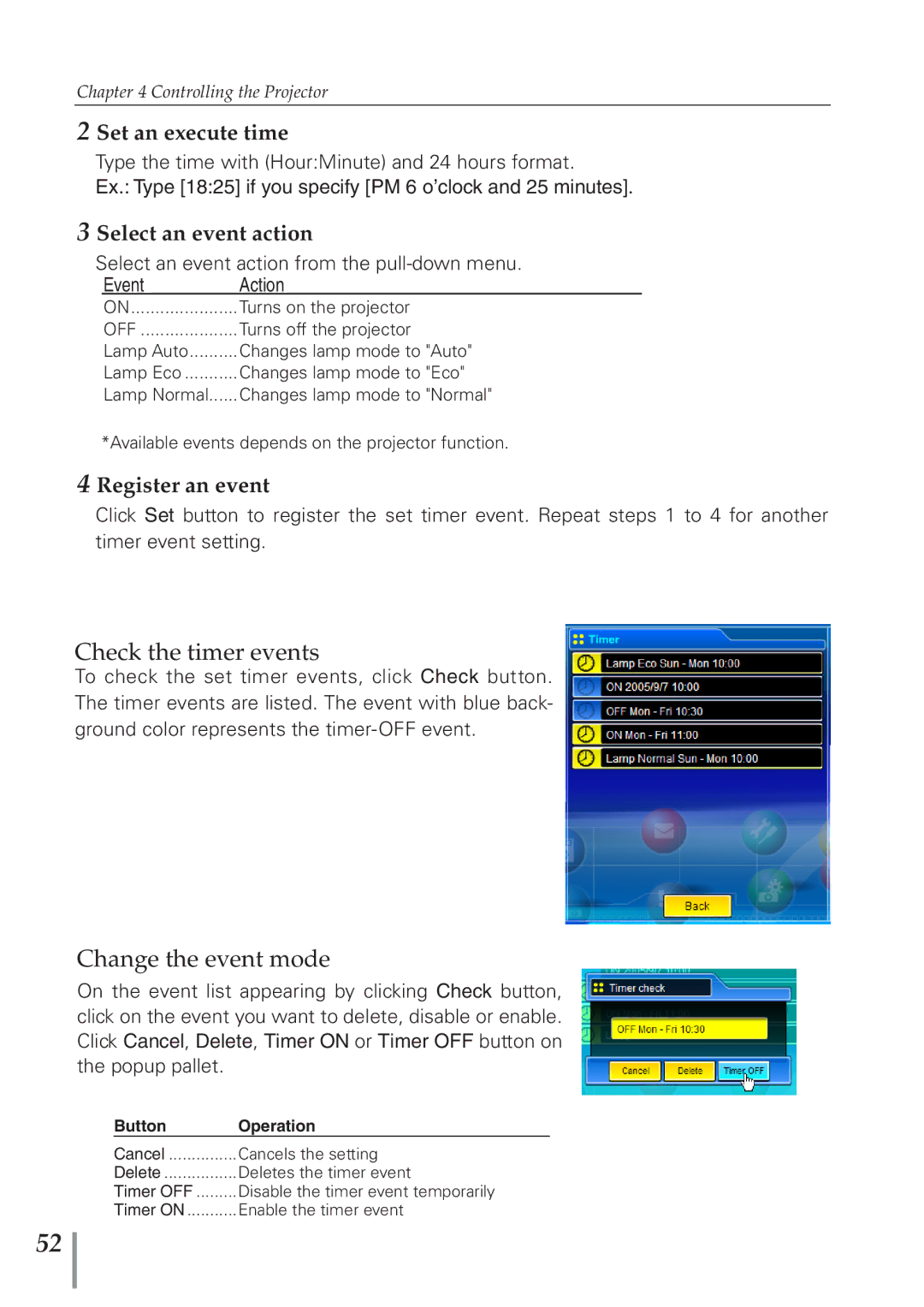 Sanyo POA-PN40 owner manual Check the timer events, Change the event mode, Set an execute time, Select an event action 