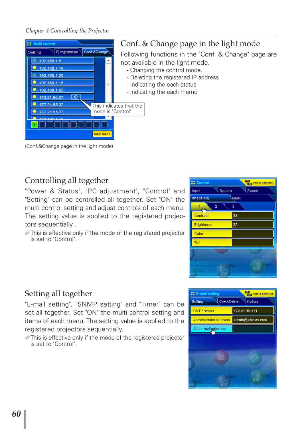 Sanyo POA-PN40 owner manual Conf. & Change page in the light mode, Controlling all together, Setting all together 