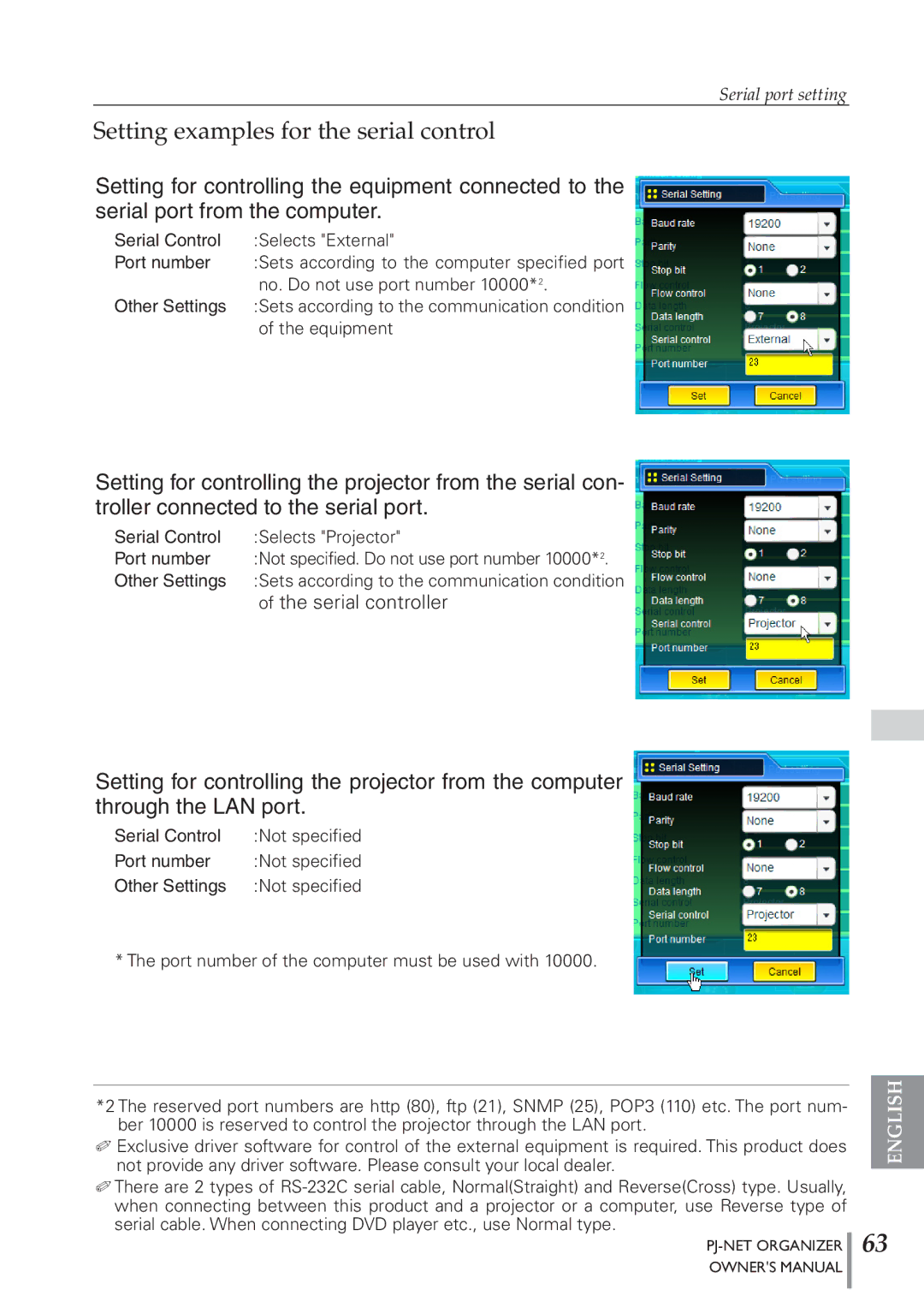 Sanyo POA-PN40 owner manual Setting examples for the serial control 