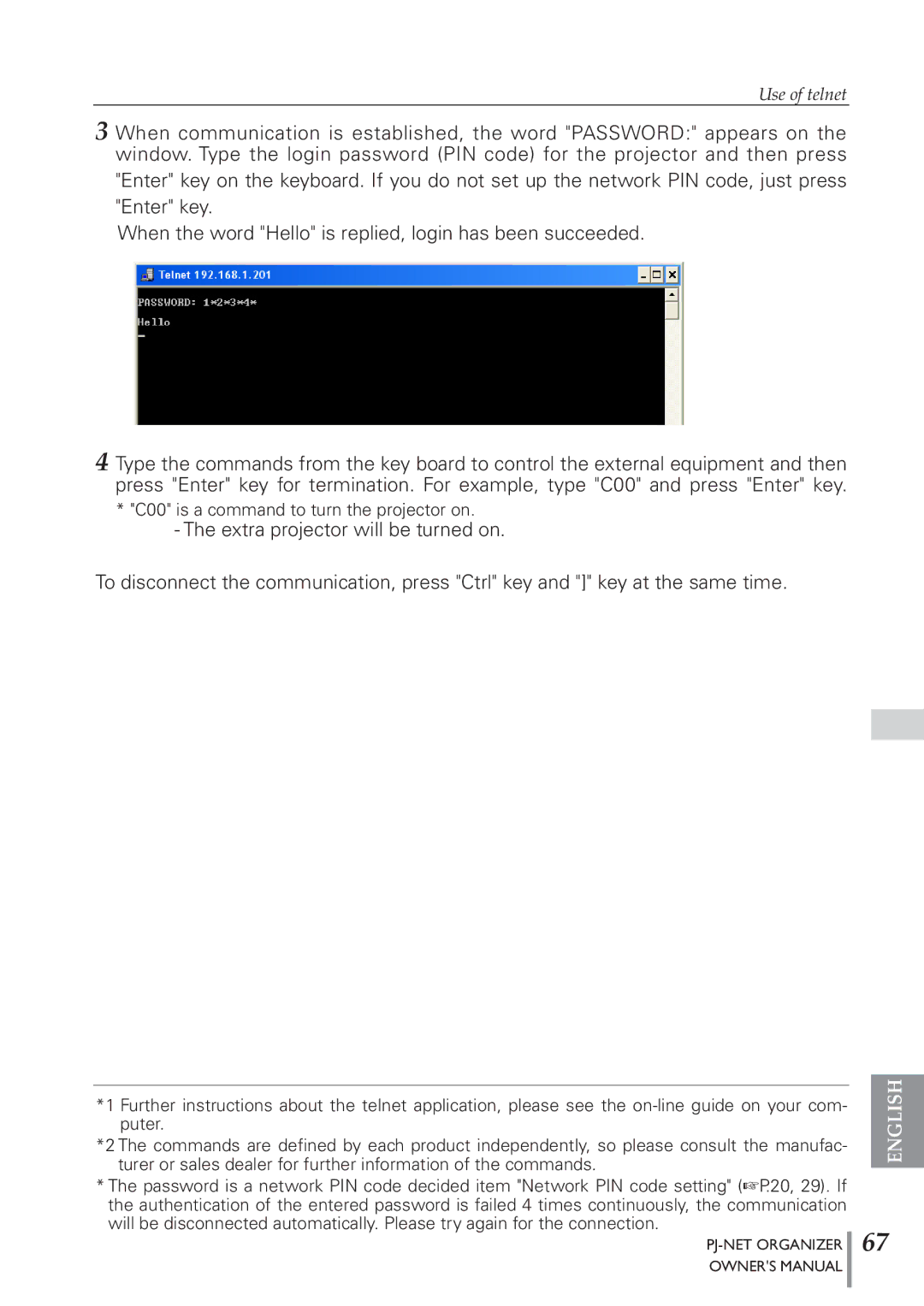 Sanyo POA-PN40 owner manual Use of telnet 