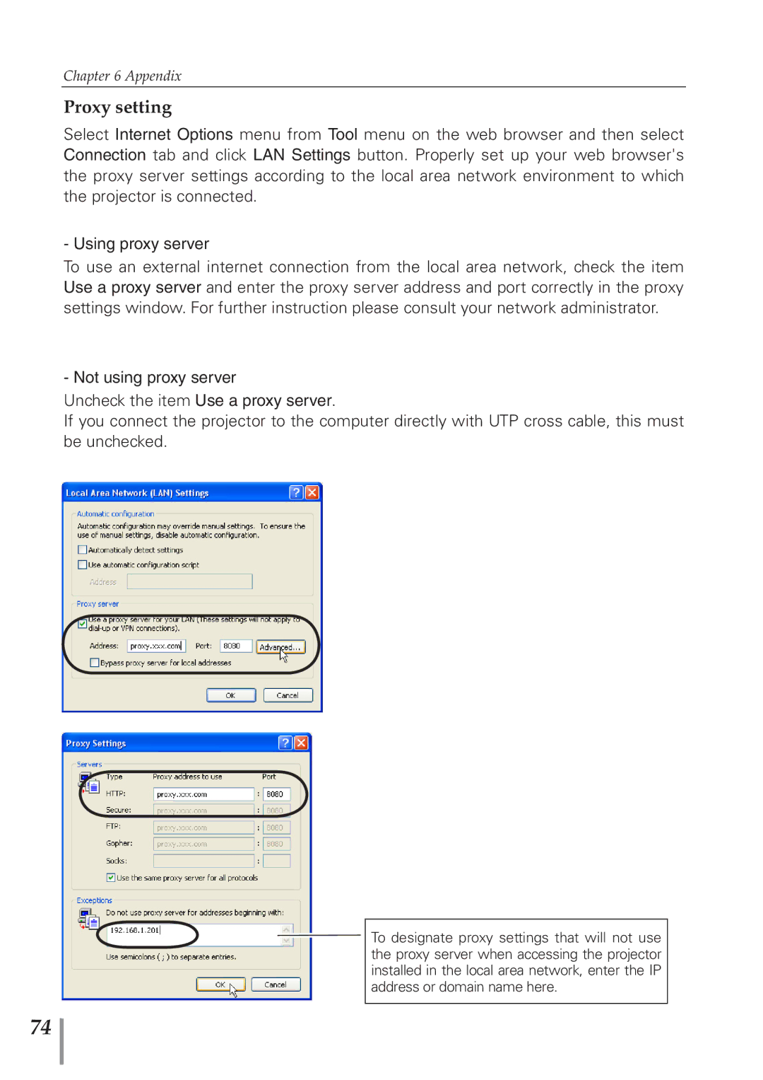 Sanyo POA-PN40 owner manual Proxy setting 