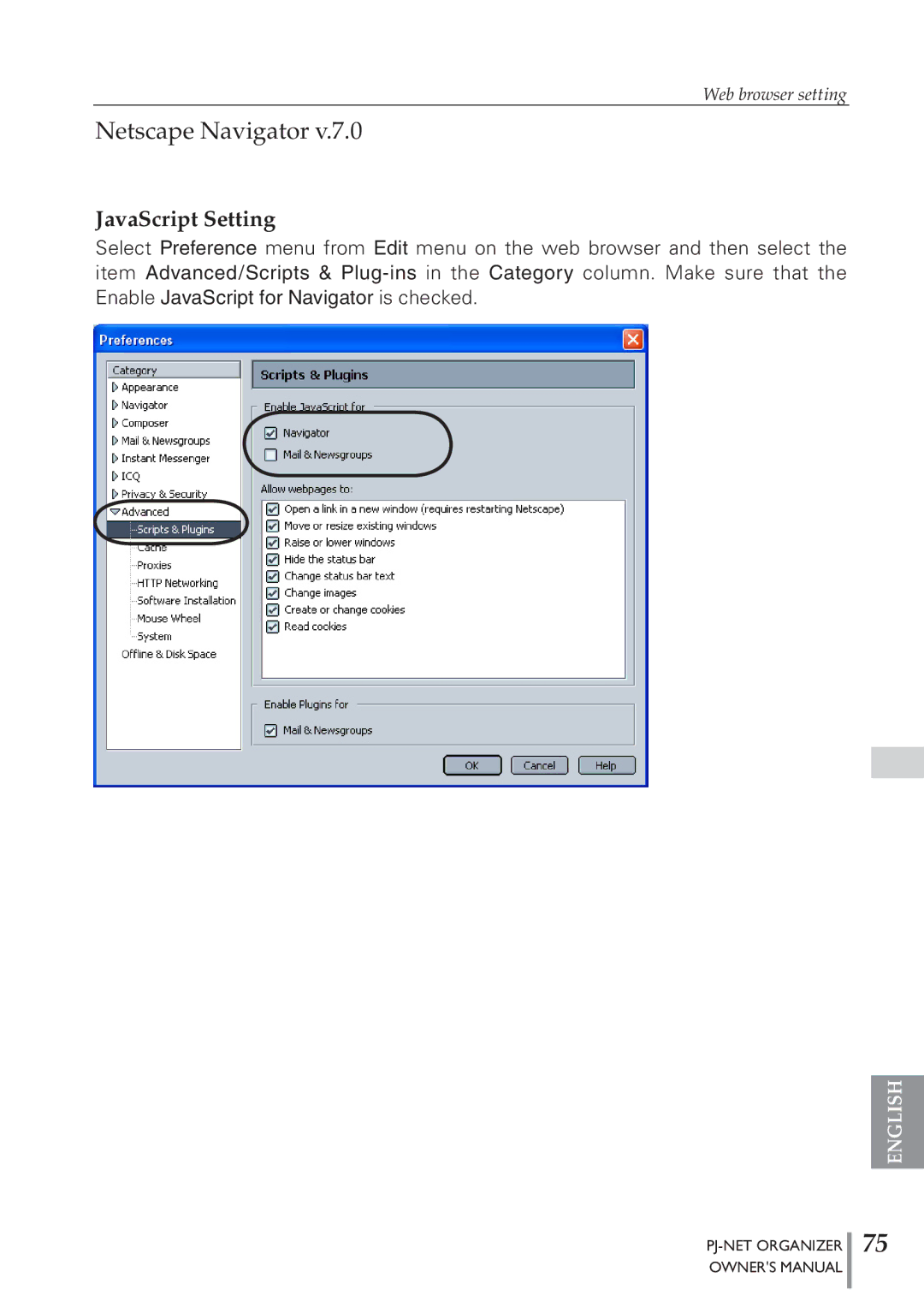 Sanyo POA-PN40 owner manual Netscape Navigator, JavaScript Setting 