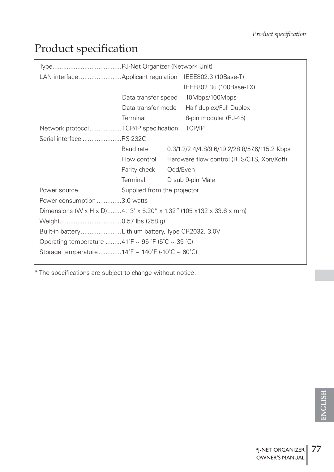 Sanyo POA-PN40 owner manual Product specification, Tcp/Ip 