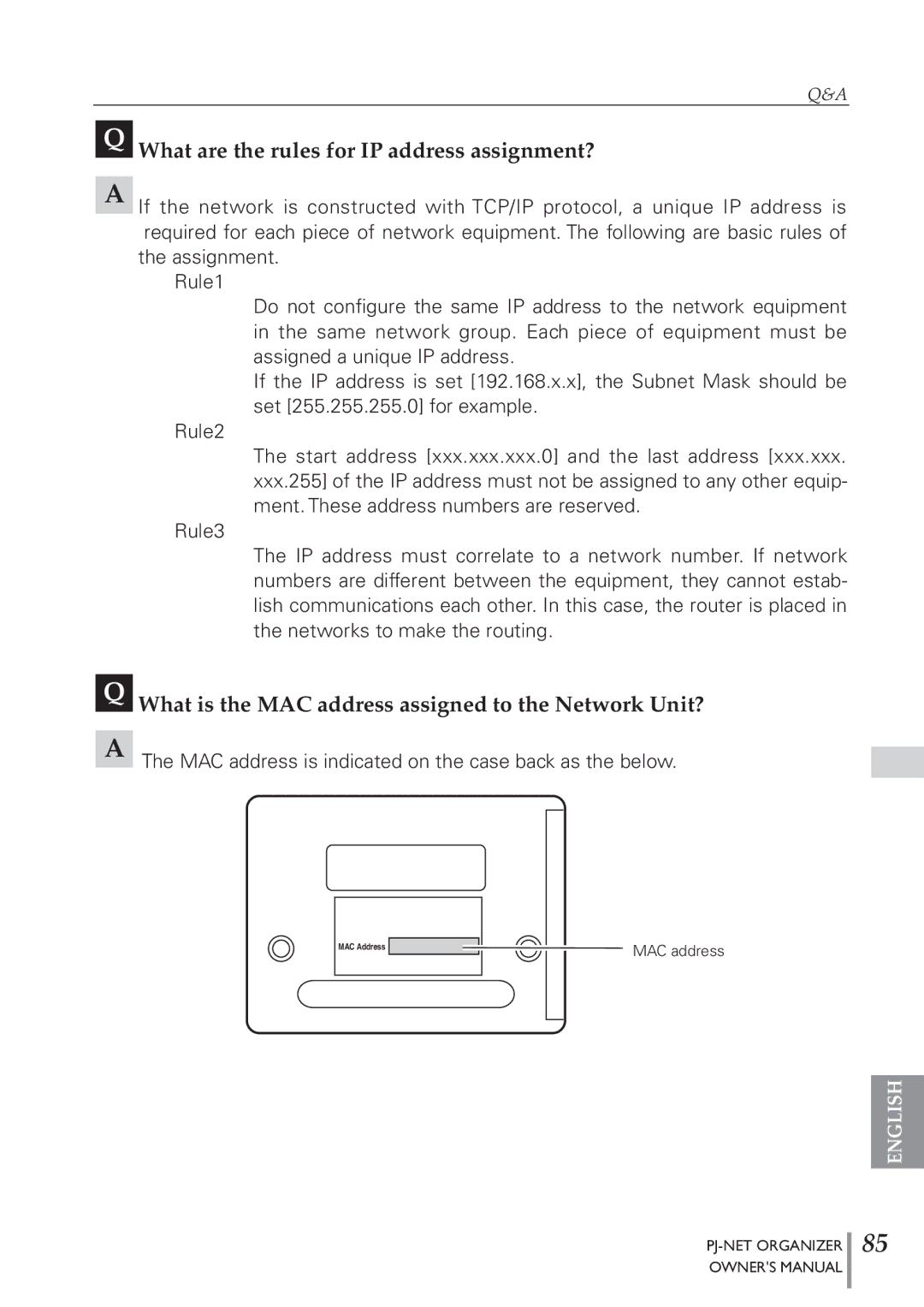 Sanyo POA-PN40 What are the rules for IP address assignment?, What is the MAC address assigned to the Network Unit? 