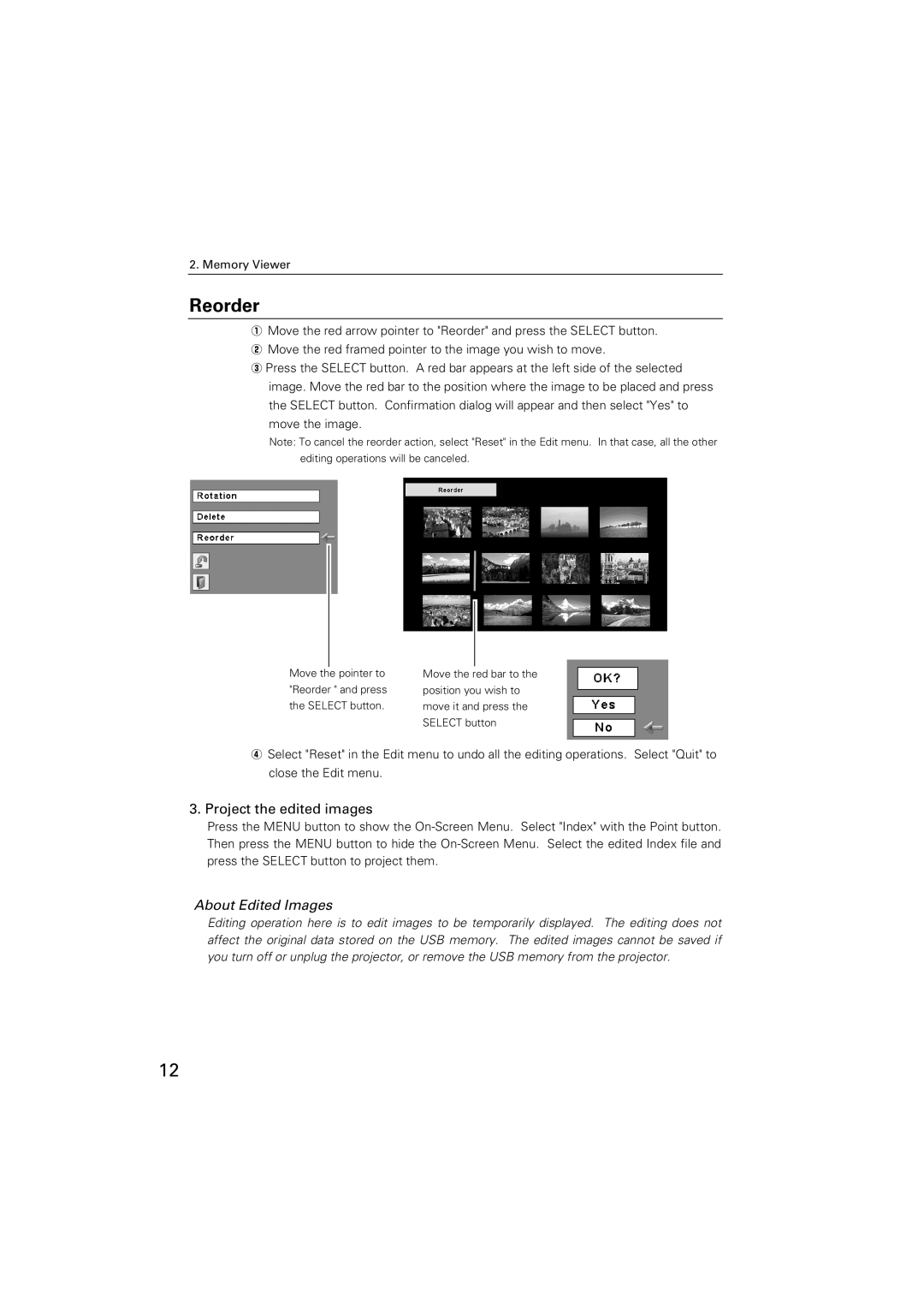 Sanyo POA-USB02 owner manual Reorder, Project the edited images, About Edited Images 