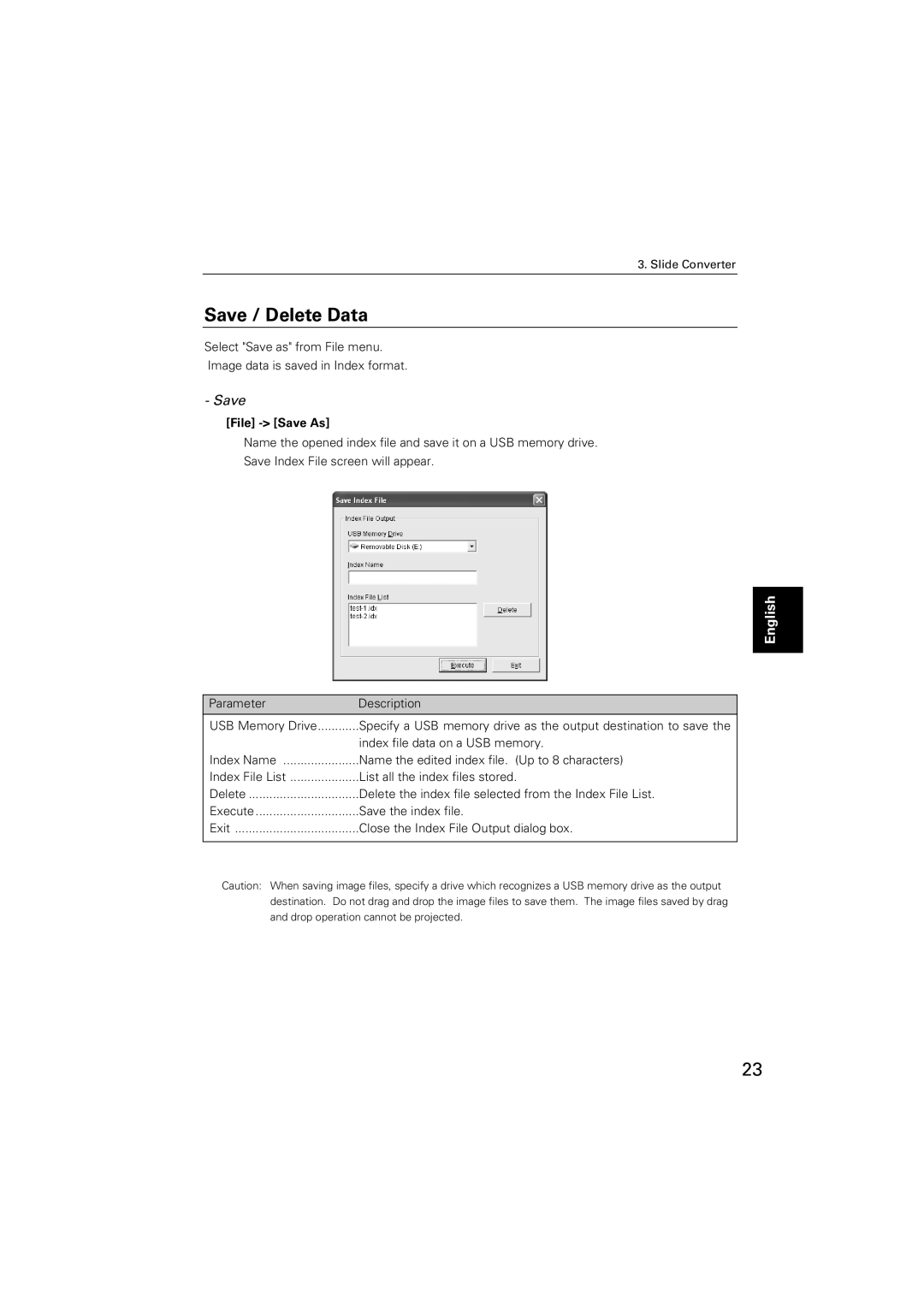 Sanyo POA-USB02 owner manual Save / Delete Data, English 