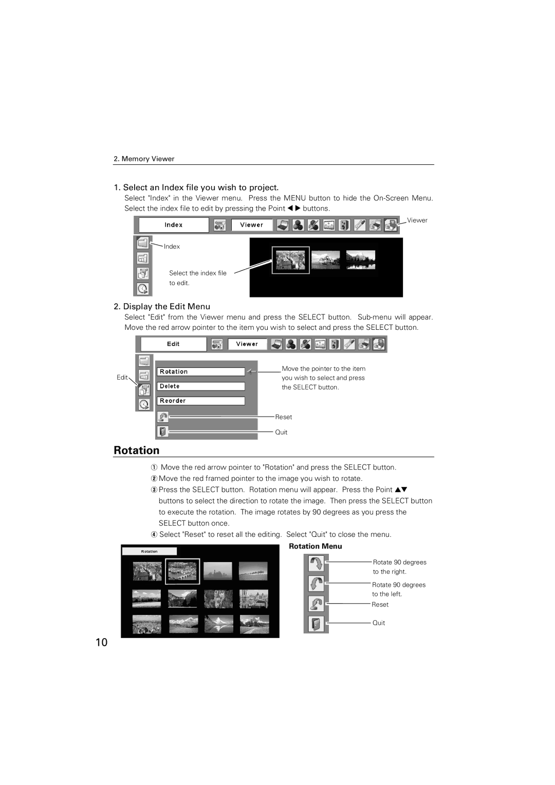 Sanyo POA-USB02 owner manual Select an Index file you wish to project, Display the Edit Menu, Rotation Menu 