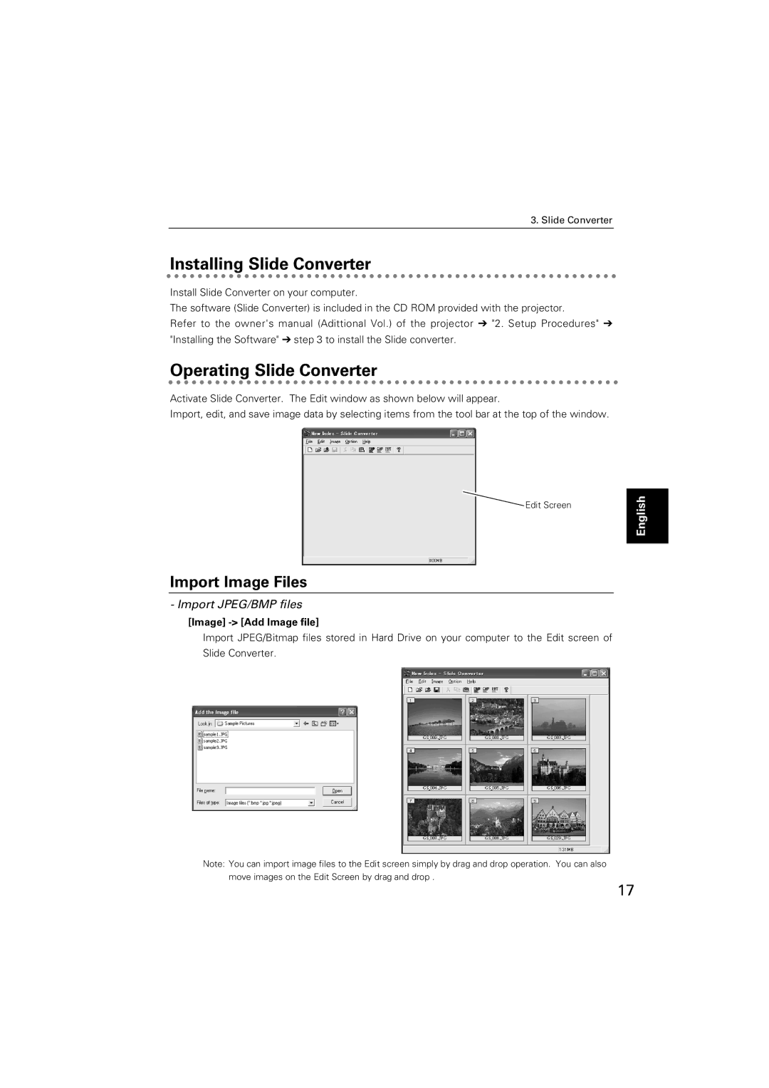 Sanyo POA-USB02 Installing Slide Converter, Operating Slide Converter, Import Image Files, Import JPEG/BMP files 