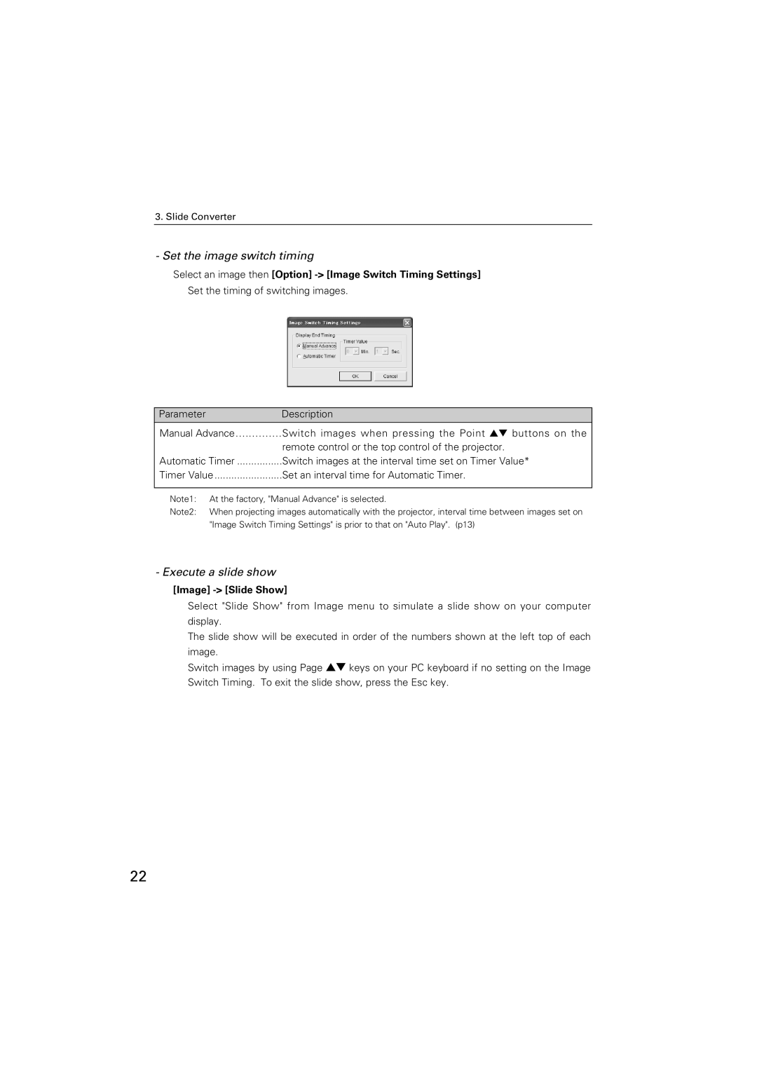 Sanyo POA-USB02 owner manual Set the image switch timing, Execute a slide show, Image Slide Show 