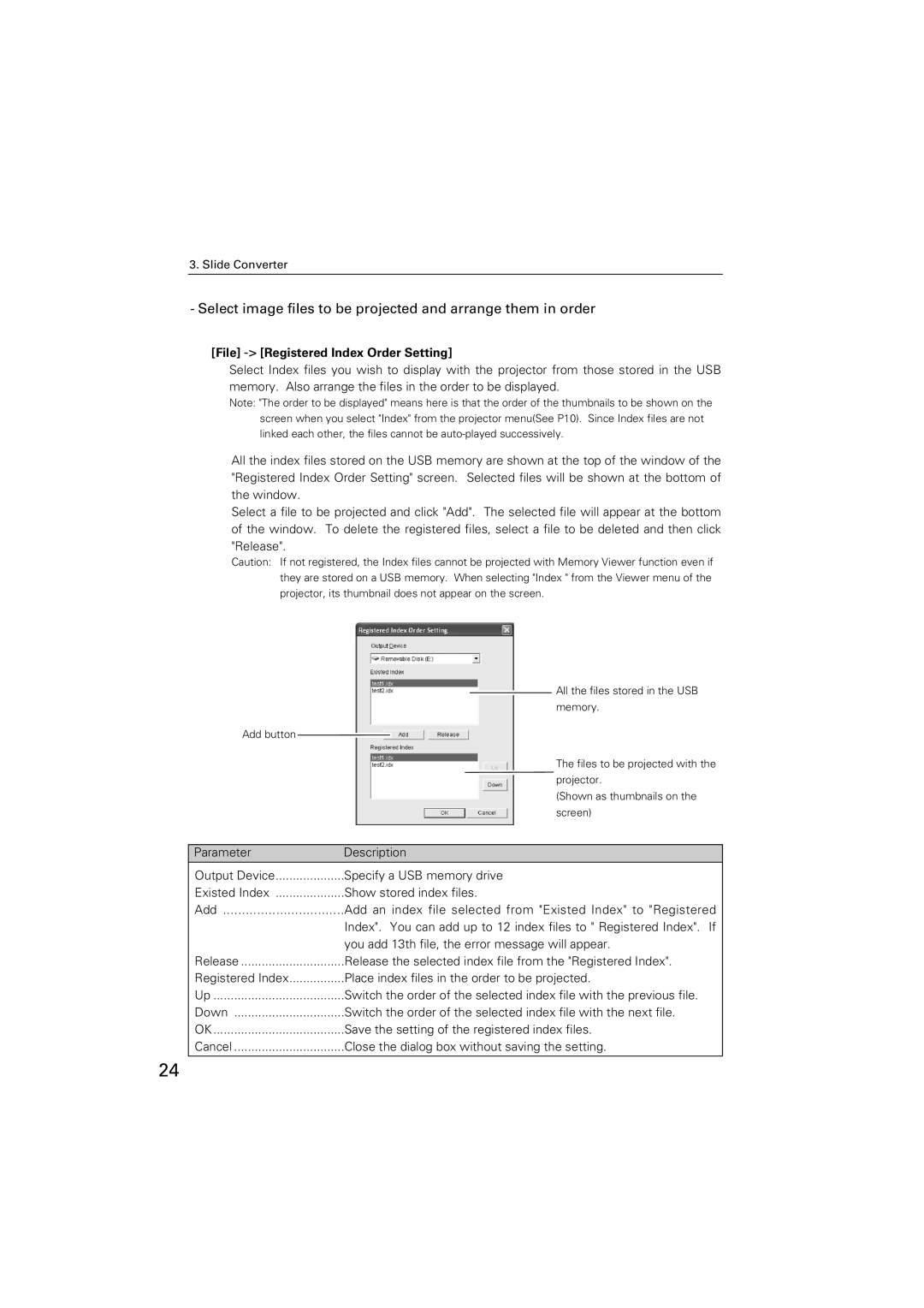 Sanyo POA-USB02 Select image files to be projected and arrange them in order, File -Registered Index Order Setting 