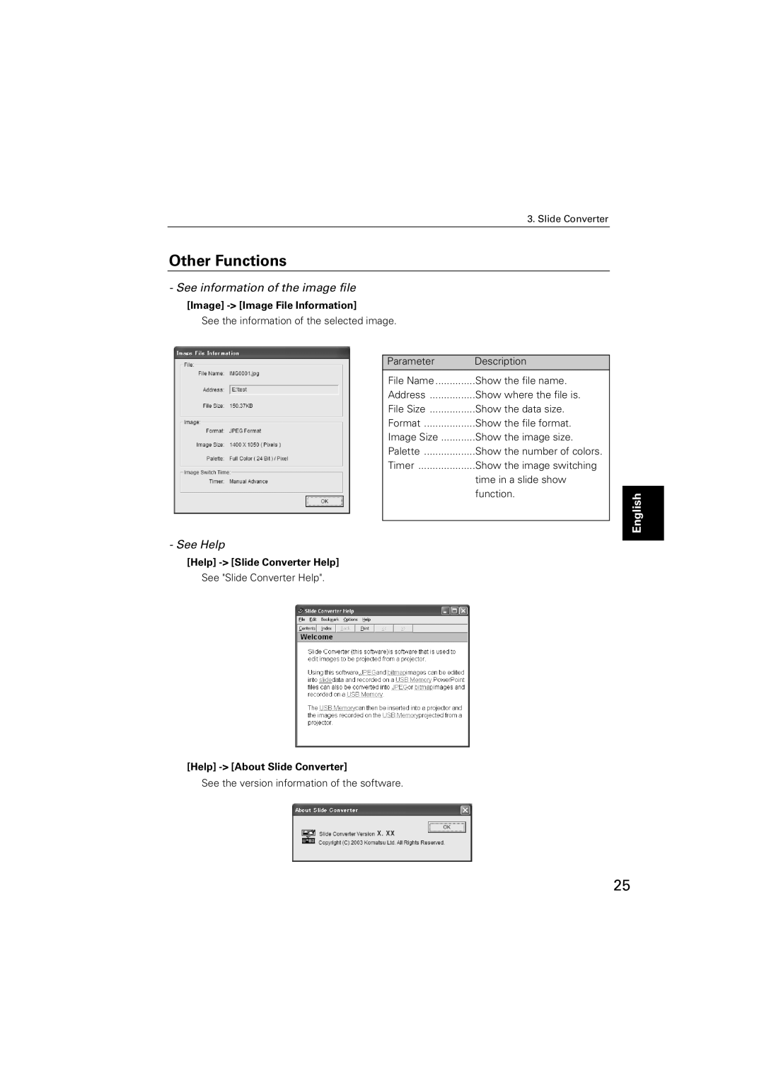 Sanyo POA-USB02 owner manual Other Functions, See information of the image file, See Help 