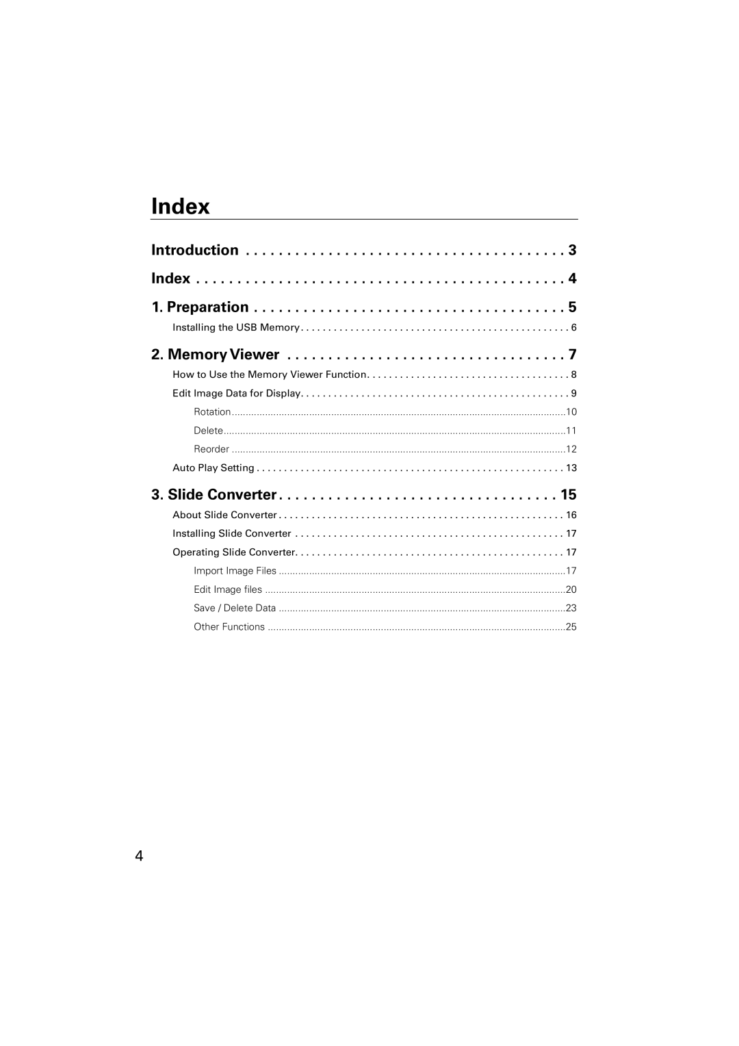 Sanyo POA-USB02 owner manual Introduction Index Preparation, Memory Viewer, Slide Converter 