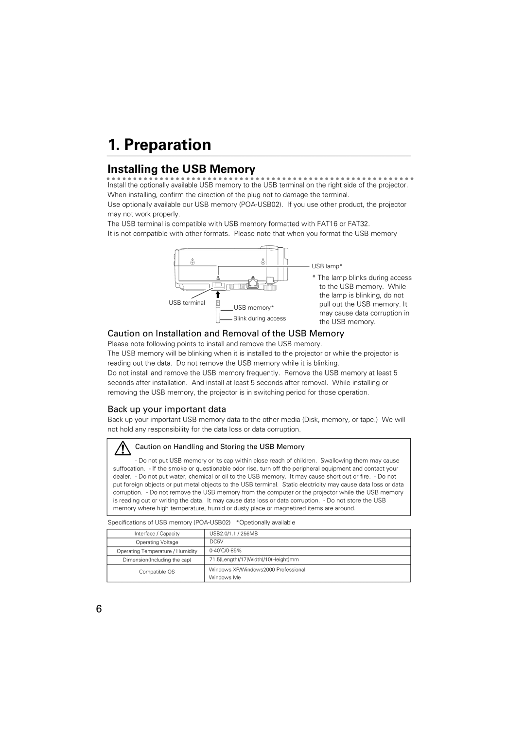 Sanyo POA-USB02 owner manual Preparation, Installing the USB Memory 