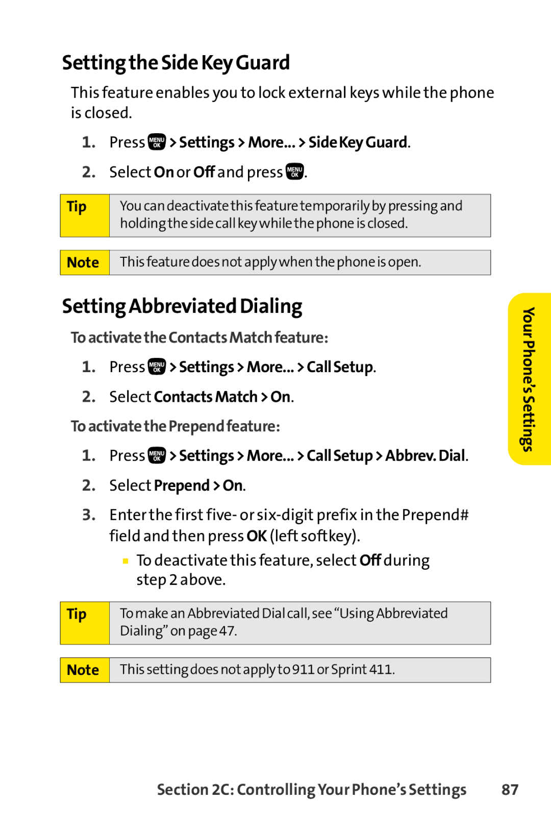 Sanyo PRO-200 manual Setting the Side Key Guard, Setting Abbreviated Dialing, ToactivatetheContactsMatchfeature 