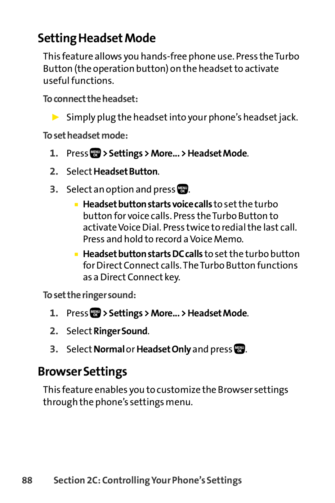 Sanyo PRO-200 manual Setting HeadsetMode, Browser Settings, Toconnecttheheadset, Tosetheadsetmode, Tosettheringersound 