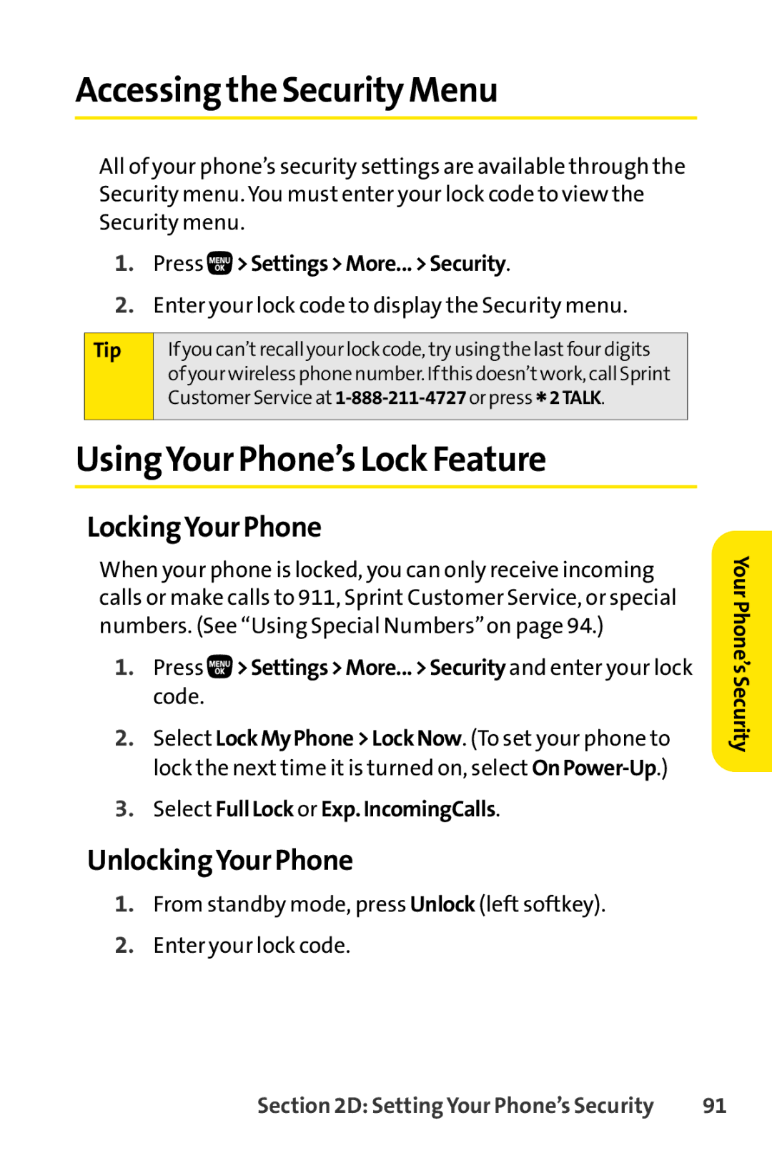 Sanyo PRO-200 manual Accessing the Security Menu, UsingYour Phone’s Lock Feature, LockingYour Phone, UnlockingYour Phone 