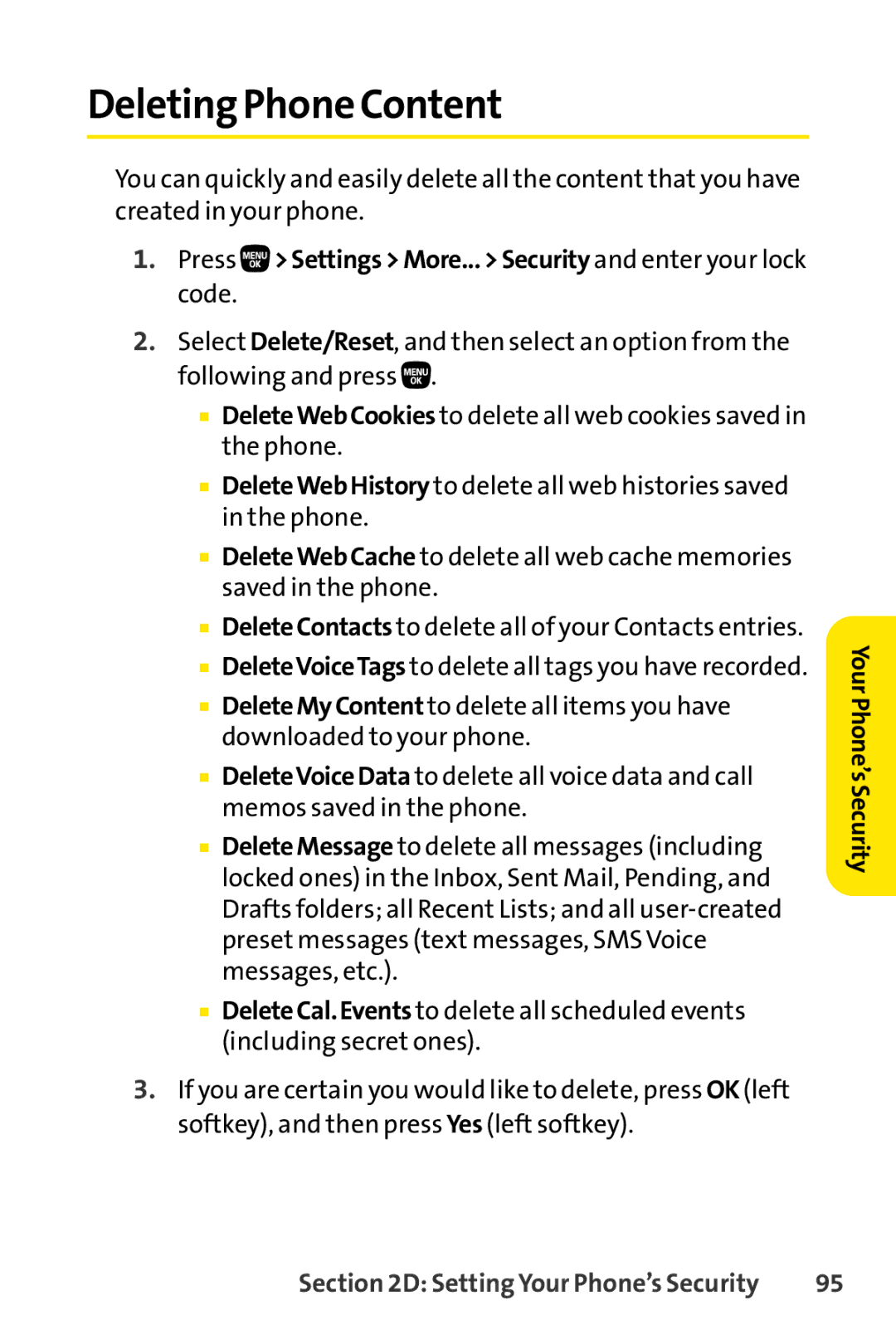 Sanyo PRO-200 manual Deleting Phone Content, Press SettingsMore... Security and enter your lock code 