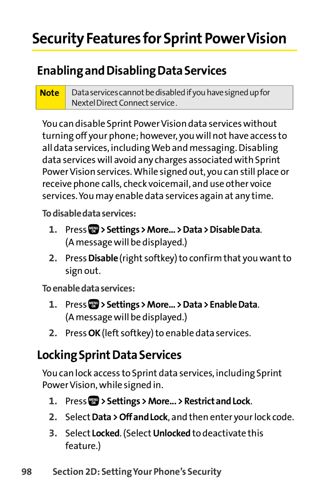 Sanyo PRO-200 Security Featuresfor SprintPowerVision, Enabling and Disabling Data Services, Locking SprintData Services 