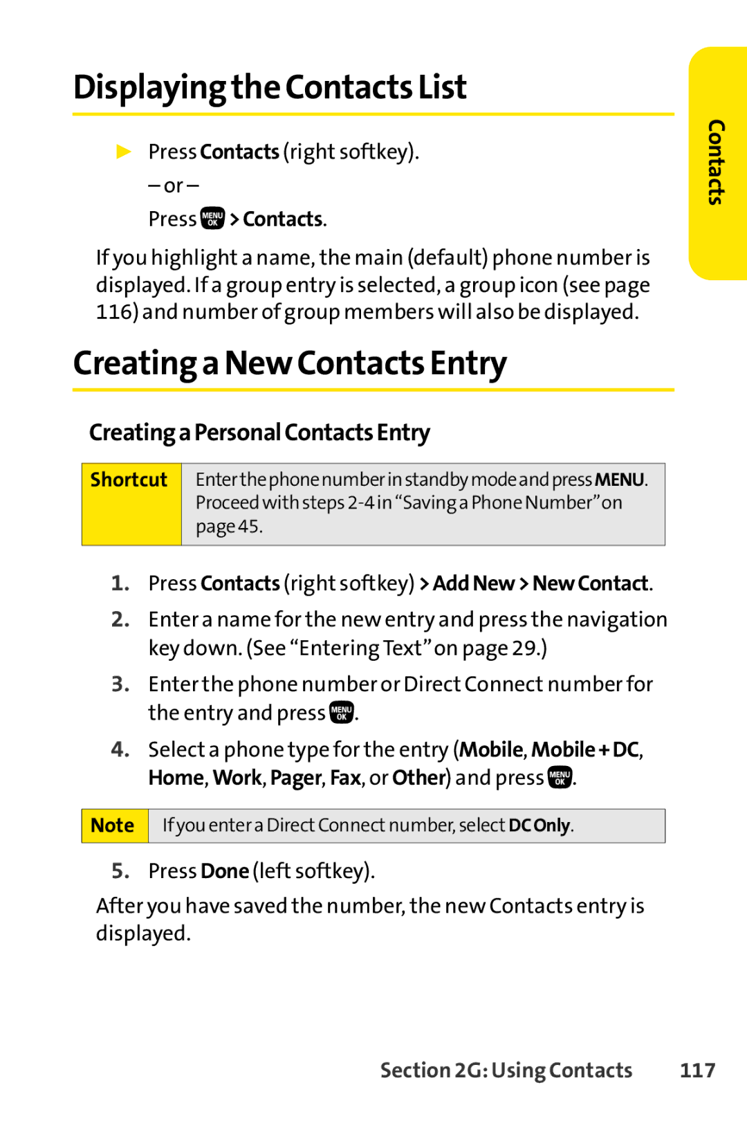 Sanyo PRO-200 manual Displaying the Contacts List, Creating a New Contacts Entry, CreatingaPersonalContactsEntry, 117 