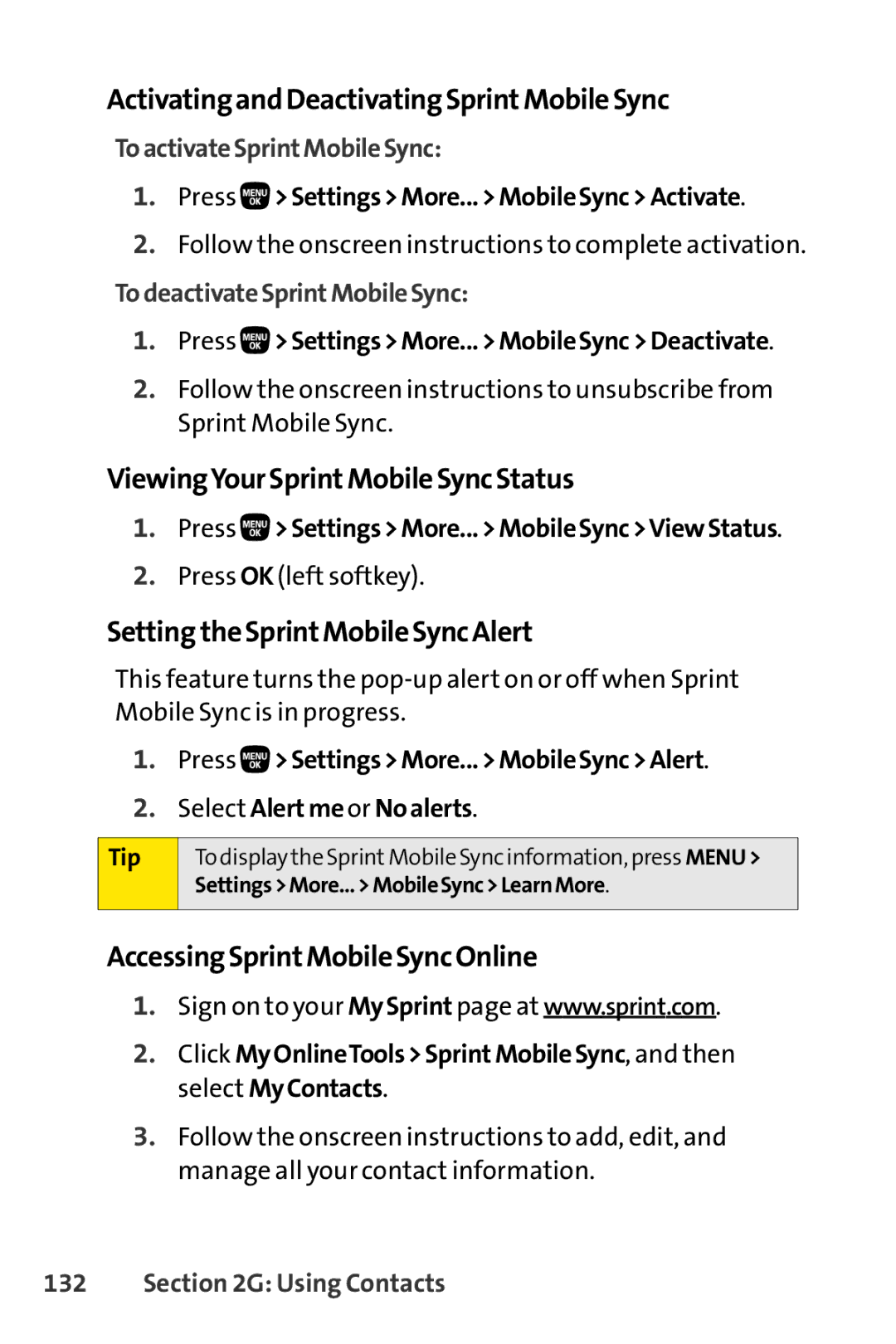 Sanyo PRO-200 manual ActivatingandDeactivatingSprintMobileSync, ViewingYourSprintMobileSyncStatus 