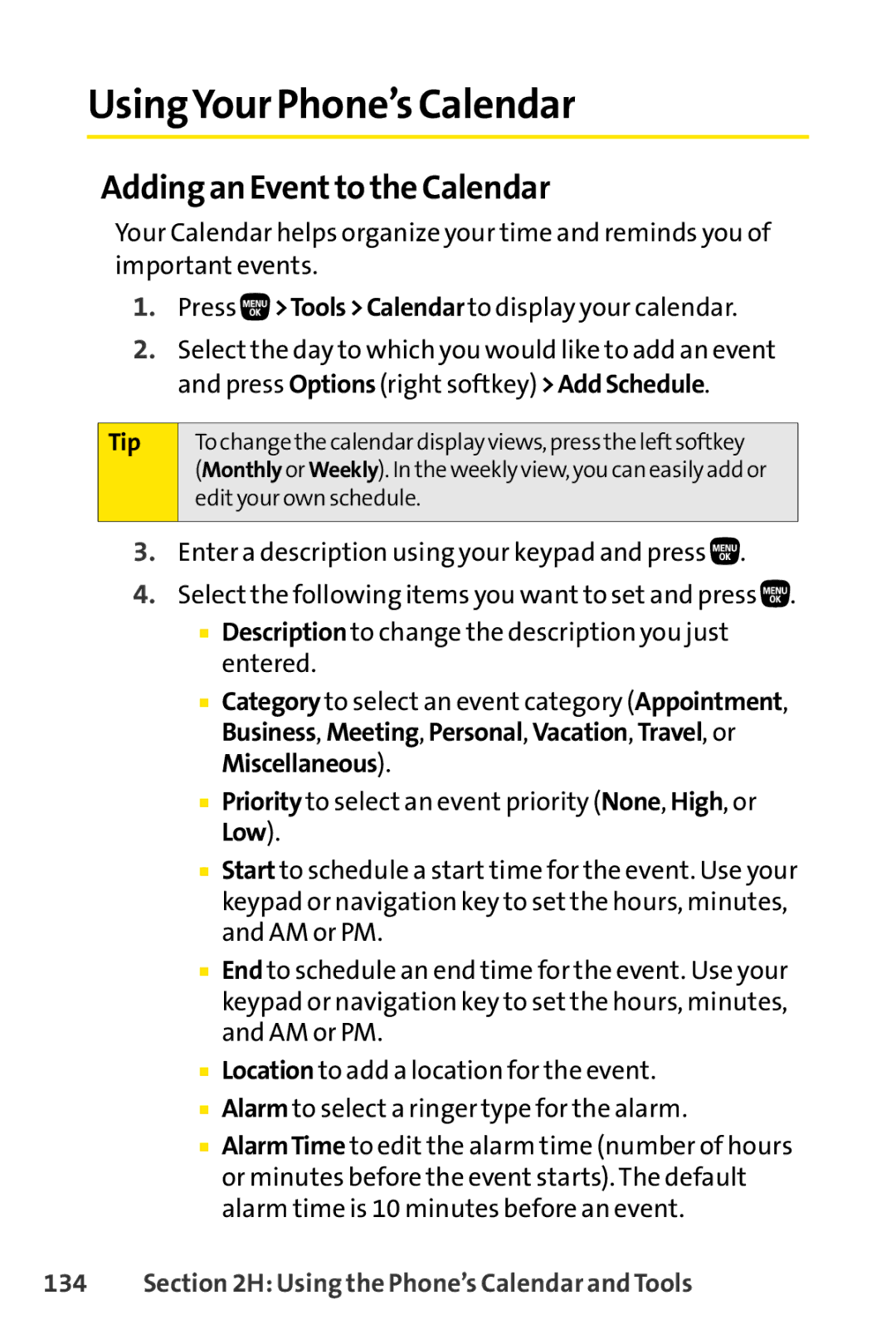 Sanyo PRO-200 manual UsingYour Phone’s Calendar, Adding an Eventto the Calendar, Using the Phone’s Calendar and Tools 