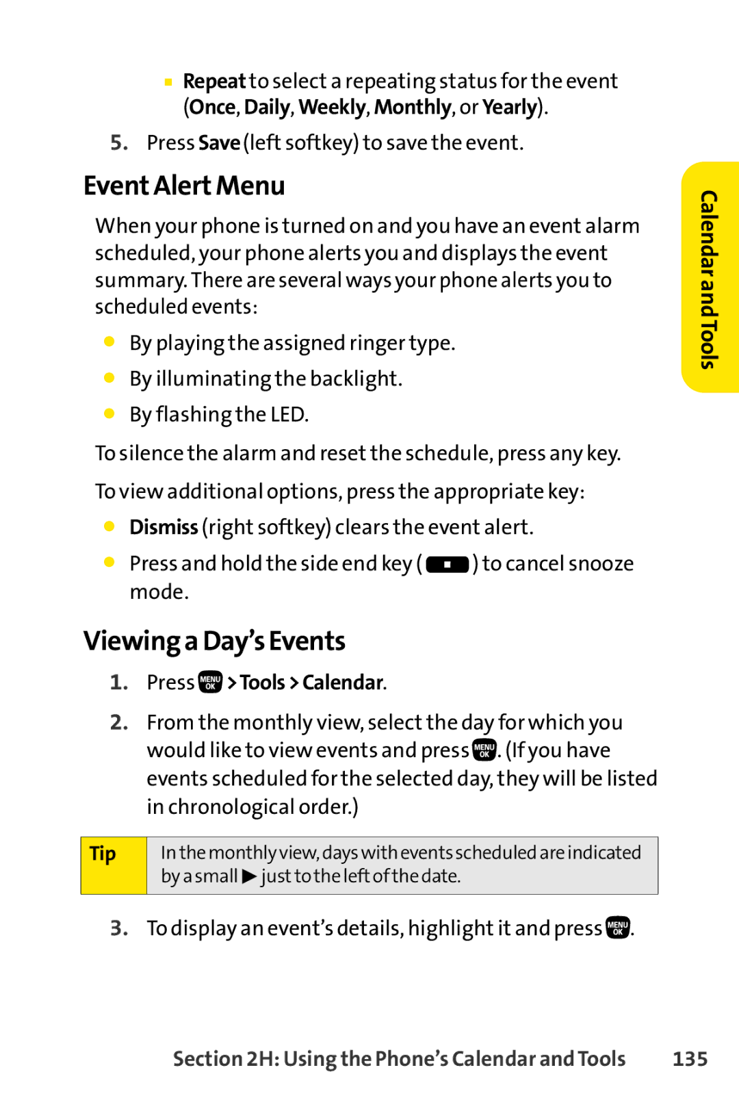 Sanyo PRO-200 manual Event Alert Menu, Viewing a Day’s Events, Press ToolsCalendar, 135 