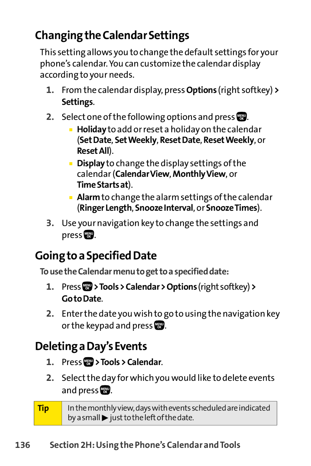 Sanyo PRO-200 manual Changing the Calendar Settings, Going to a Specified Date, Deleting a Day’s Events 