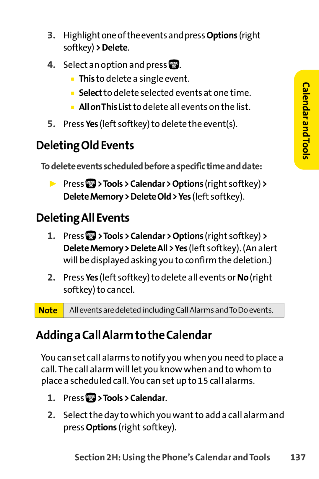 Sanyo PRO-200 manual Deleting Old Events, Deleting All Events, Adding a Call Alarm to the Calendar, 137 