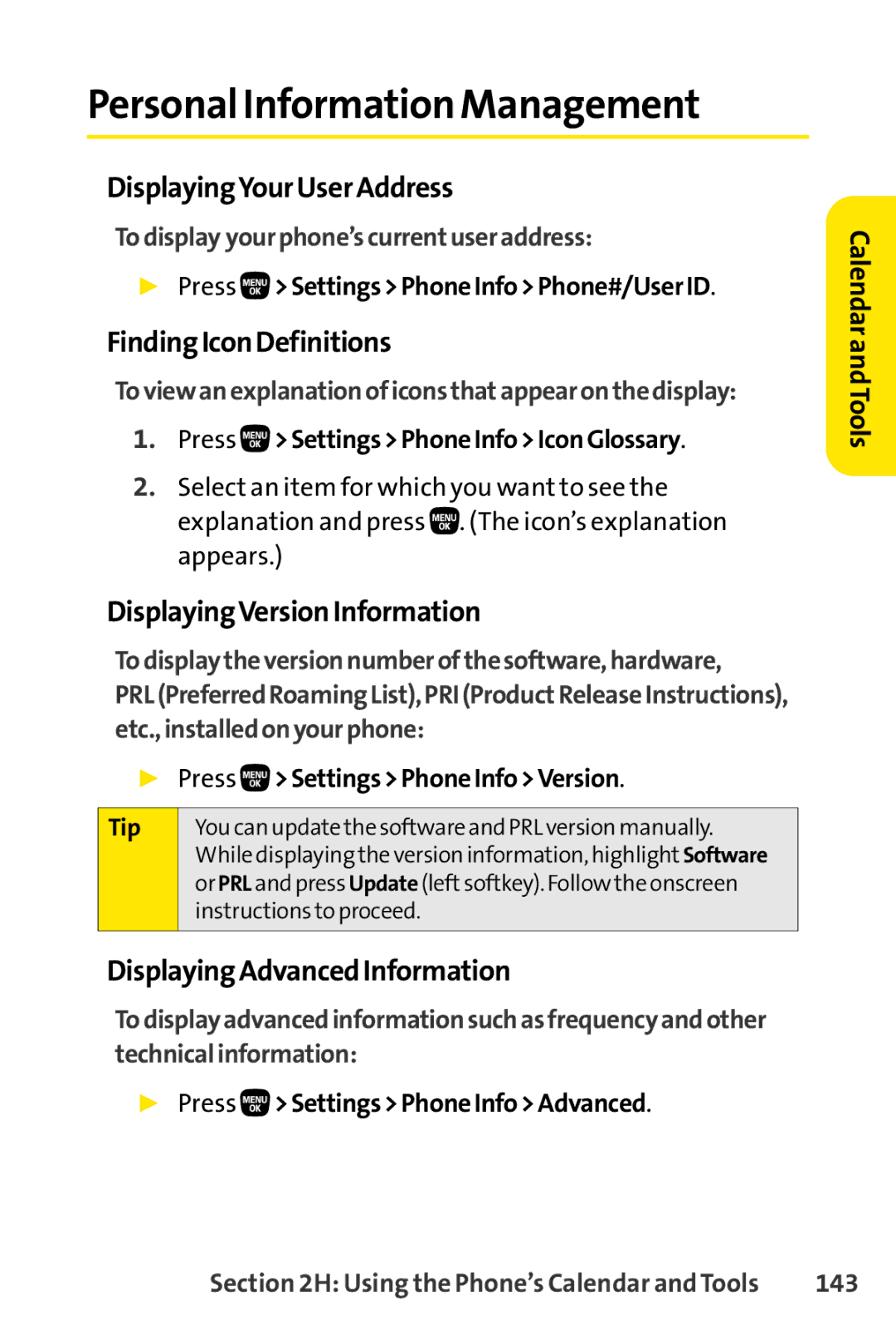 Sanyo PRO-200 manual Personal Information Management, DisplayingYourUserAddress, FindingIconDefinitions 