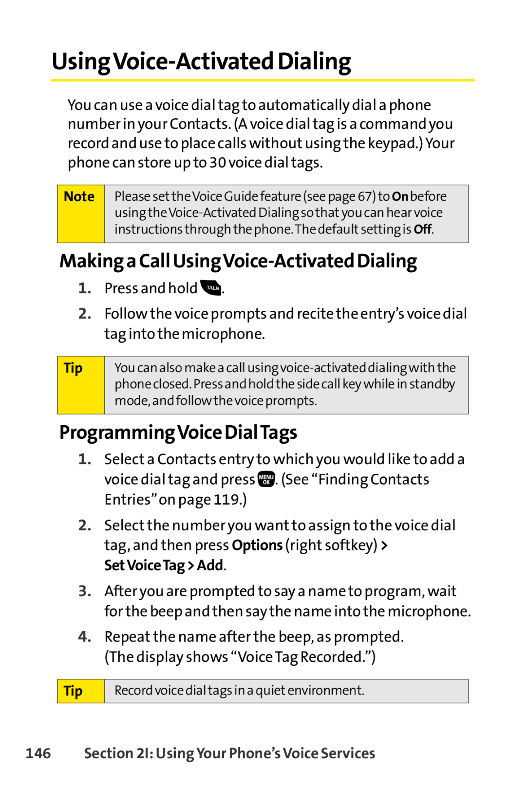 Sanyo PRO-200 Making a Call UsingVoice-Activated Dialing, ProgrammingVoice DialTags, Using Your Phone’s Voice Services 